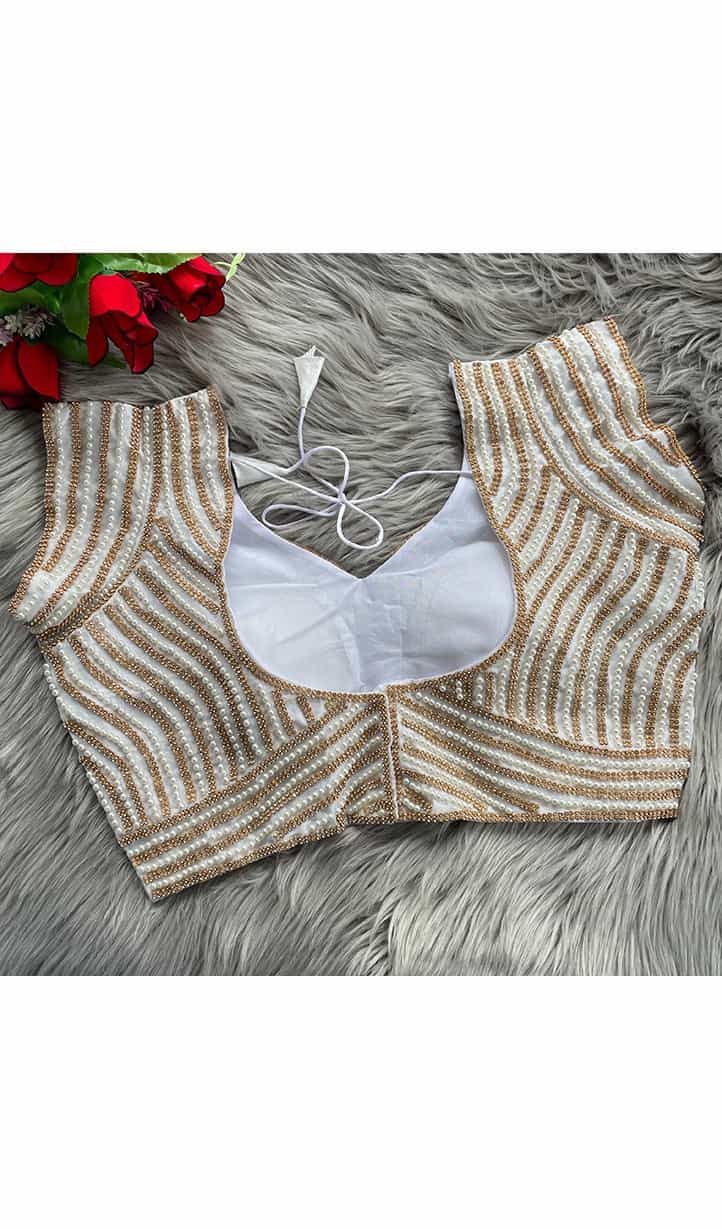 beige Pearl Work Silk Blouse