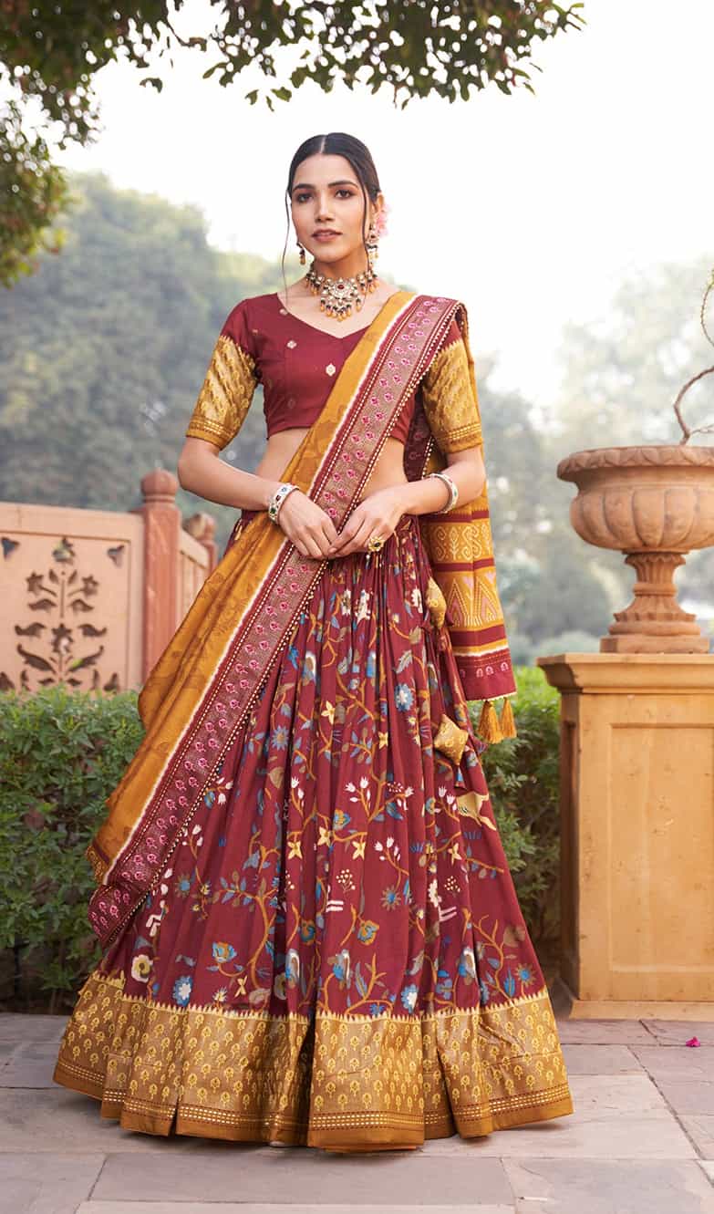 maroon tussar silk lehenga with minakari work
