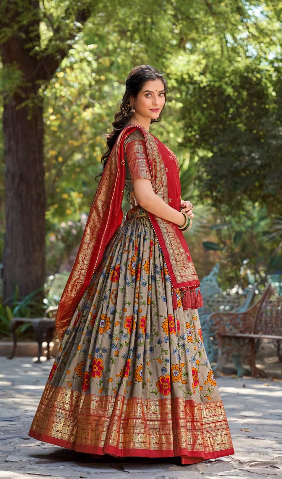 kalamkari printed red lehenga with foil work