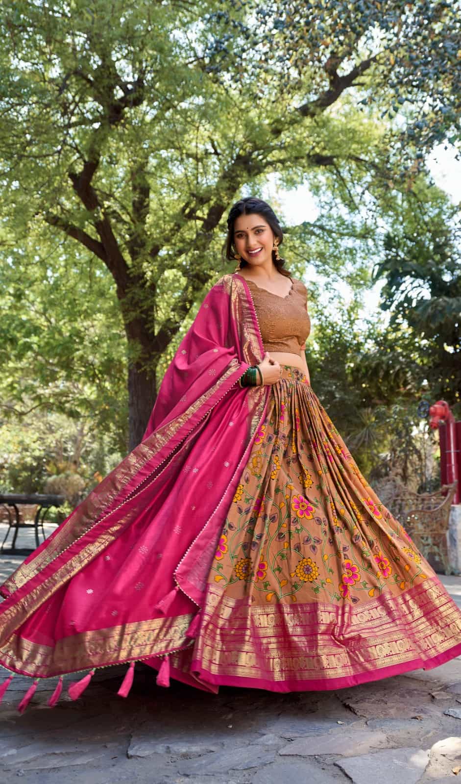 traditional wedding lehenga with tussar silk dupatta and tassels