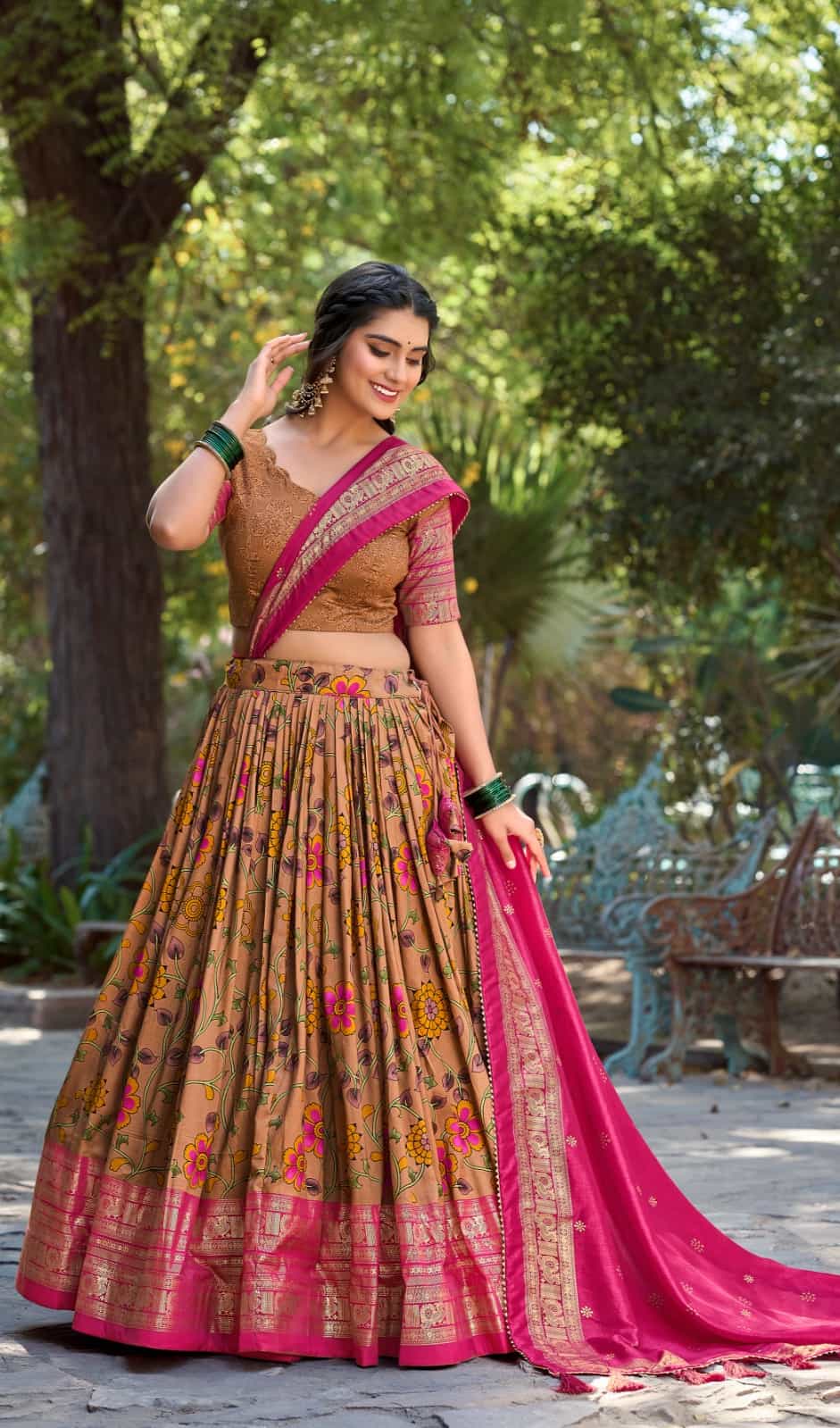 unstitched tussar silk blouse with print and foil work