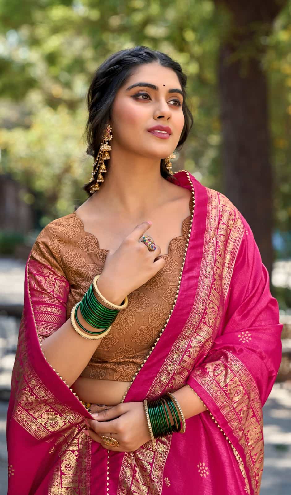 semi-stitched tussar silk lehenga with kalamkari work and foil print