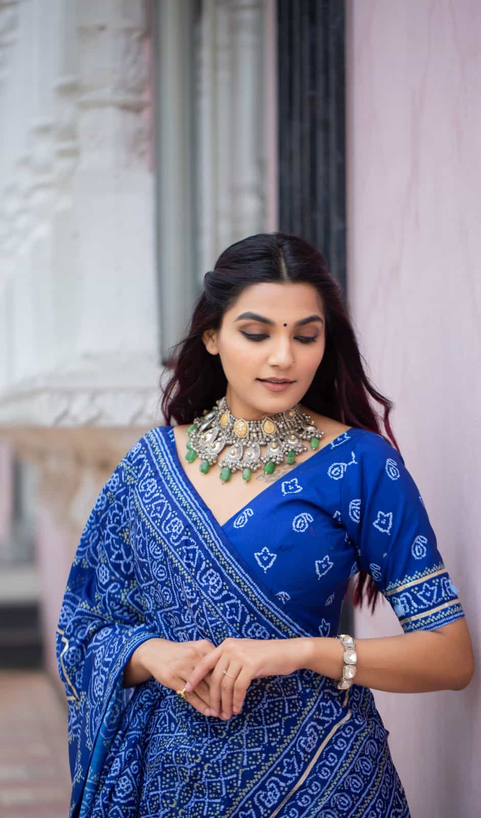 dark blue vaishali silk lehenga with printed fabric