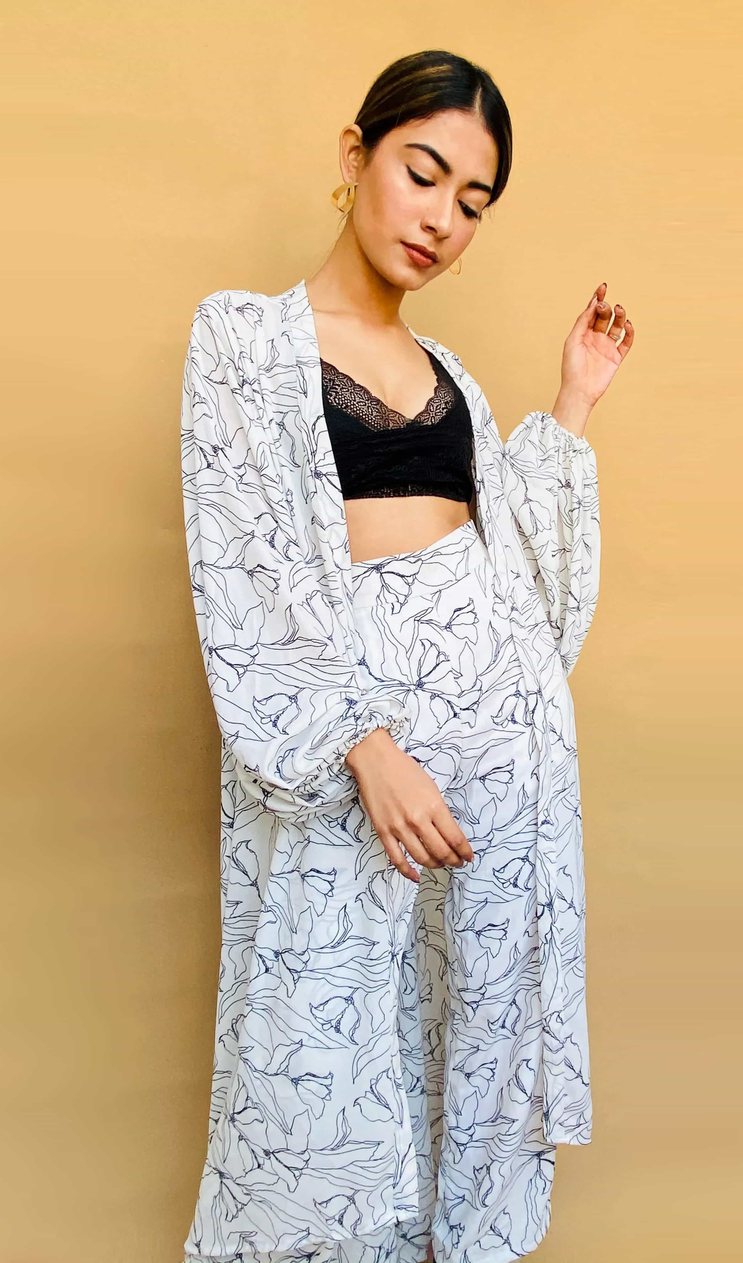 Floral printed co-ord set with sweetheart neck and long sleeves