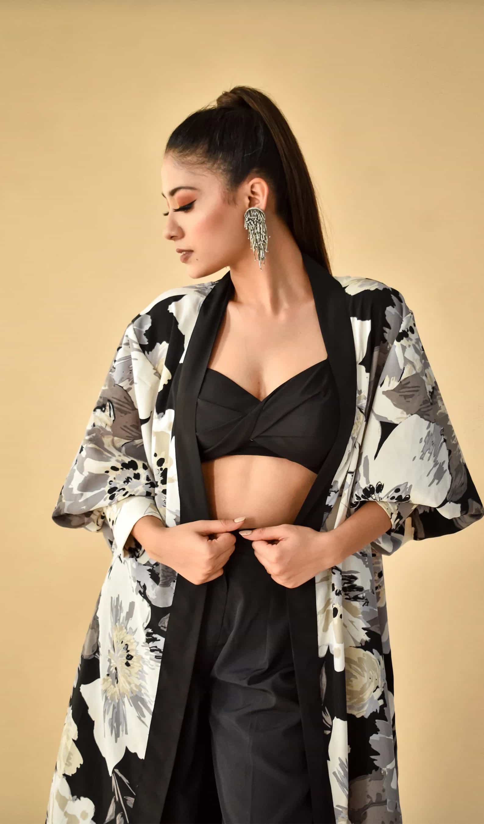 Premium satin floral shrug set with sweetheart neck and long sleeves