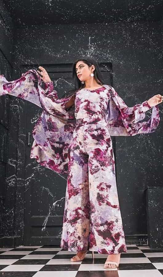 Purple 3-piece satin co-ord set with sweetheart neck and long sleeves