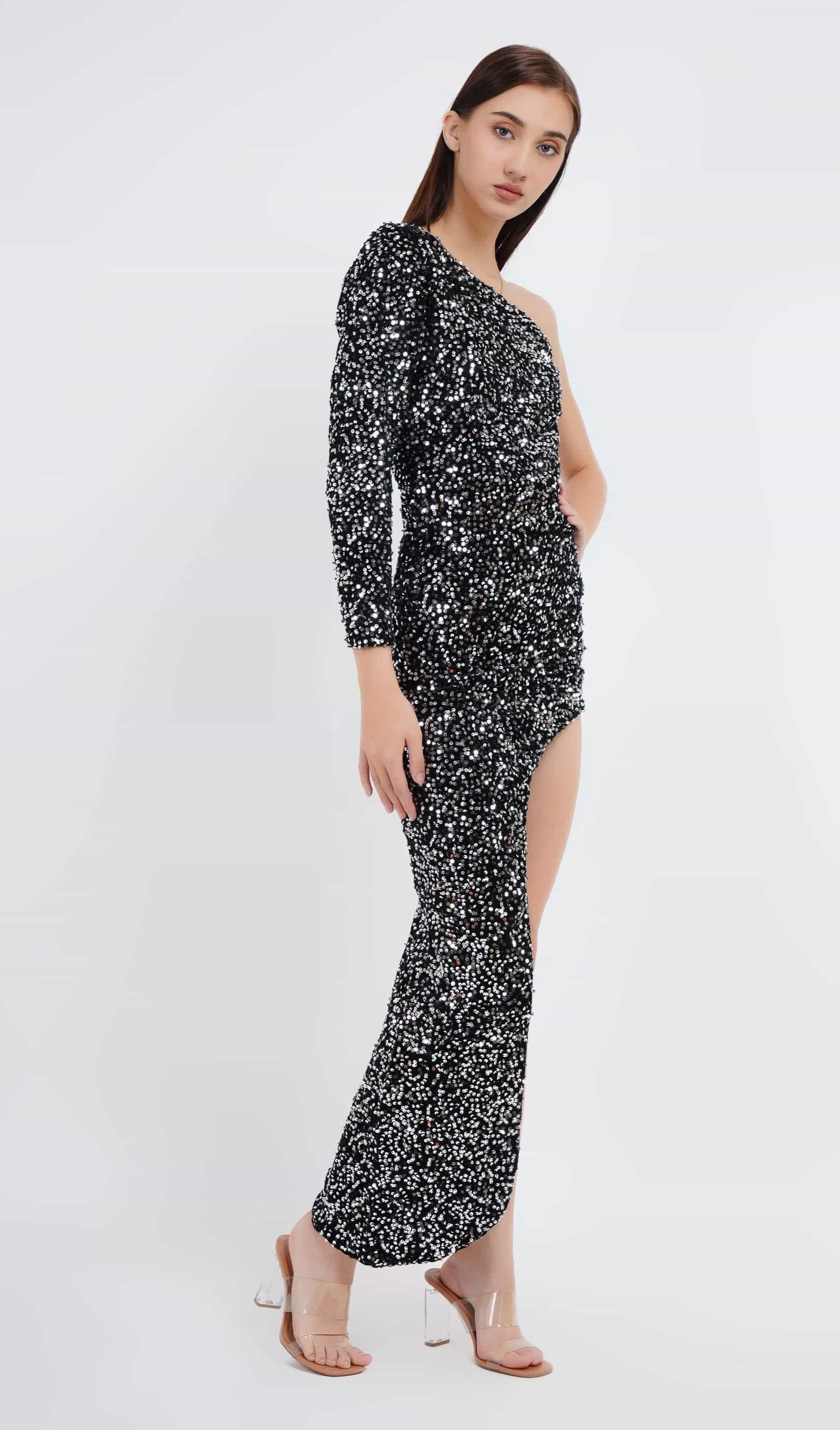 one-shoulder black sequin mermaid assymetrical cut dress
