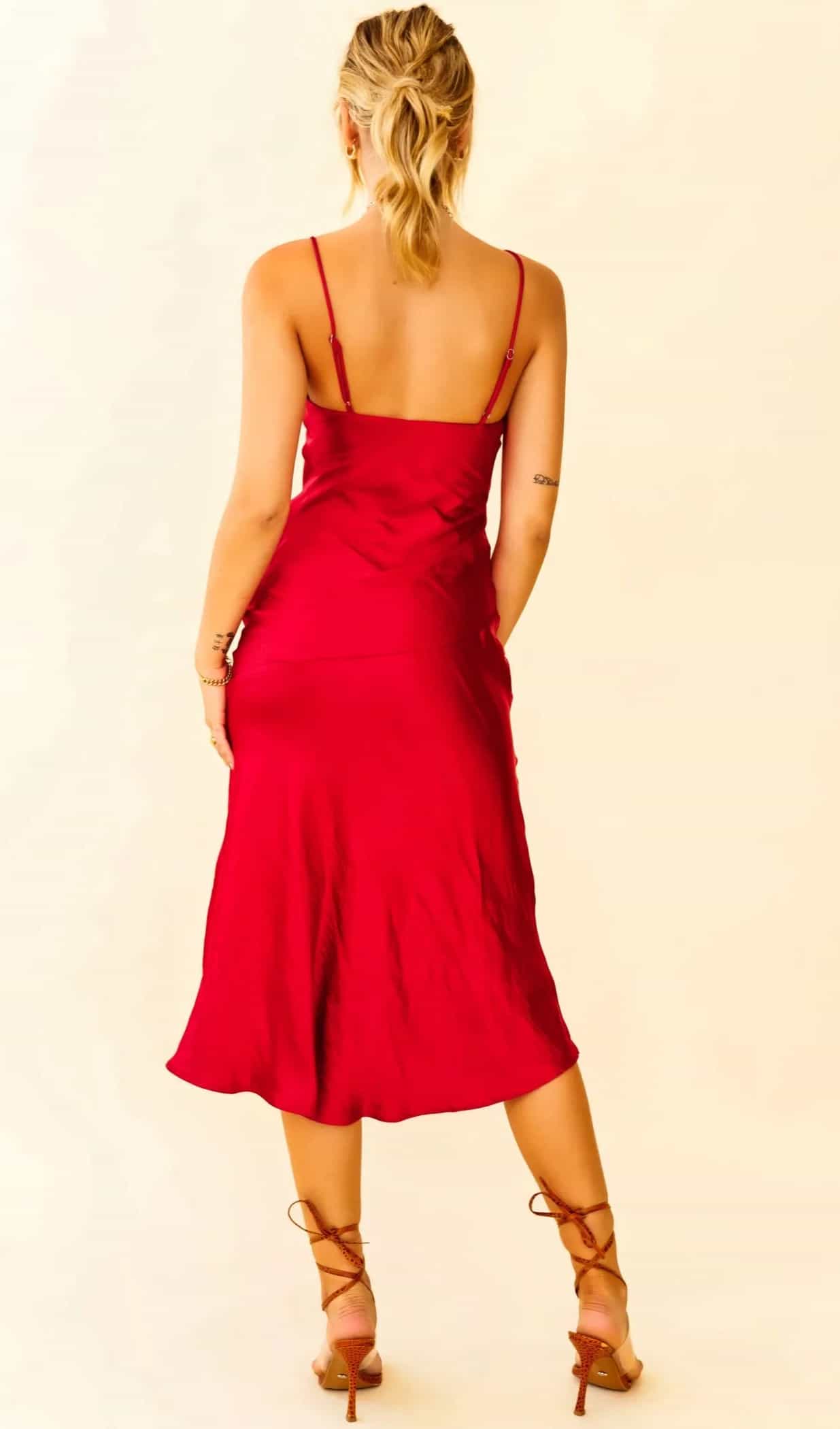 red premium satin midi dress with a slip neckline