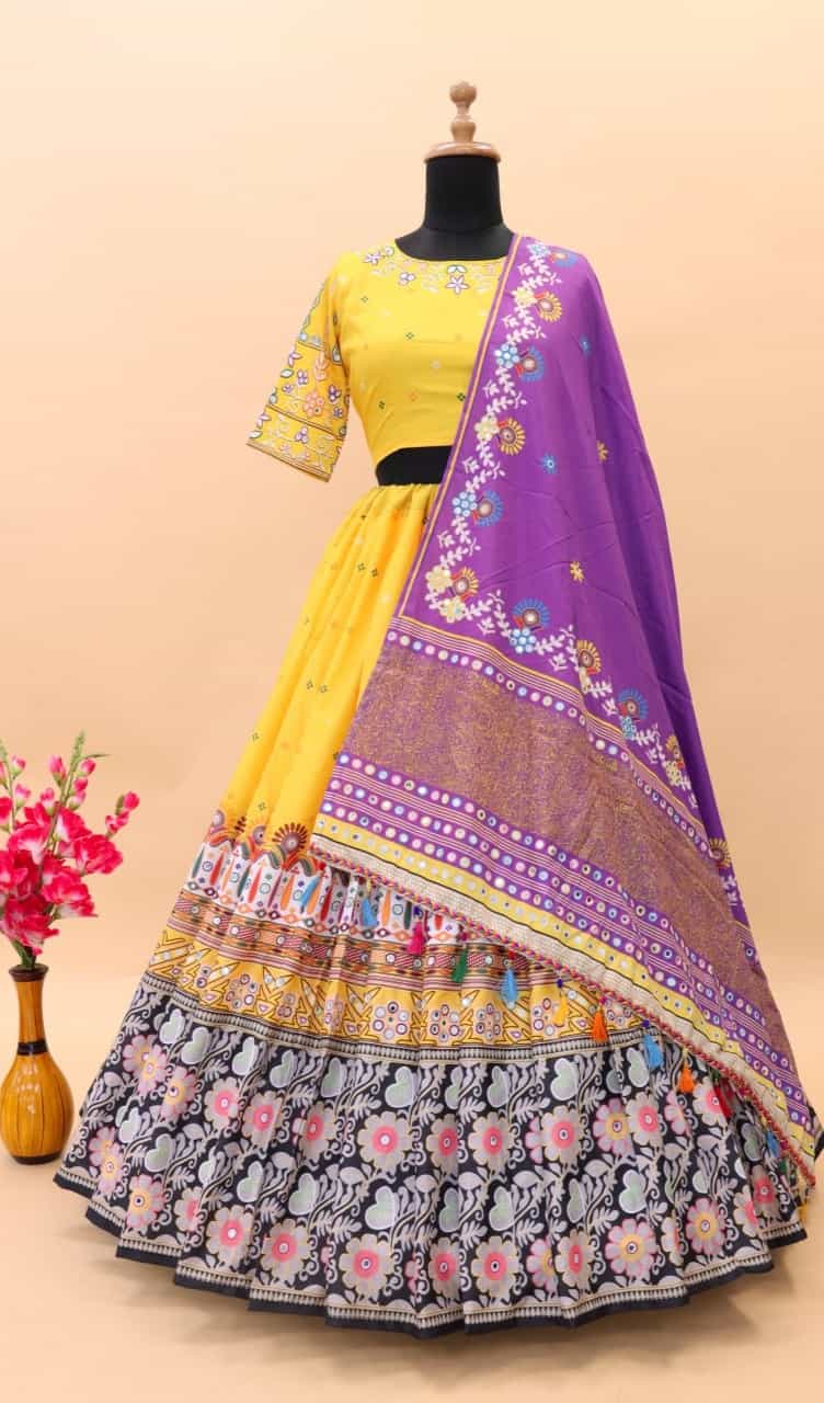 digital print and mirror work lehenga with fancy latkan lace