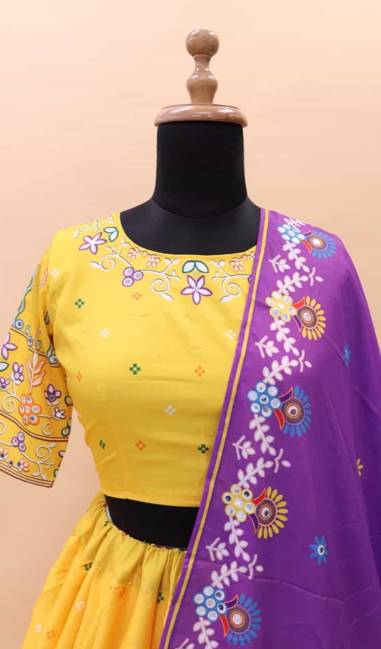 Chinon Silk lehenga with digital print and real mirror work