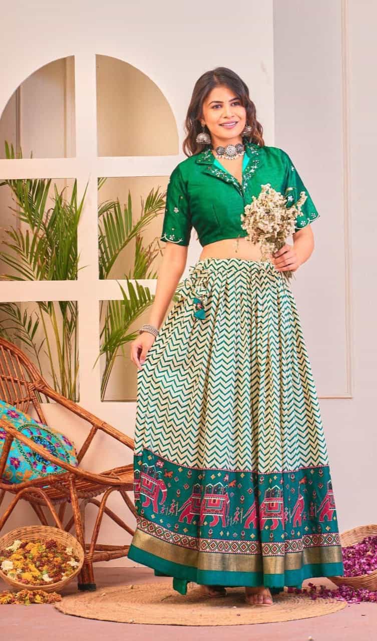 Green Patola print cotton lehenga with foil work