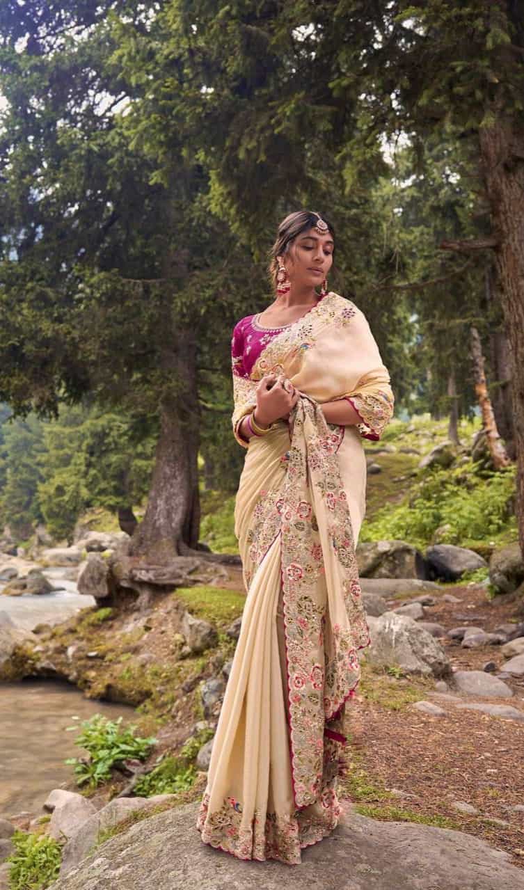 Cream Luxury Embroidered Saree