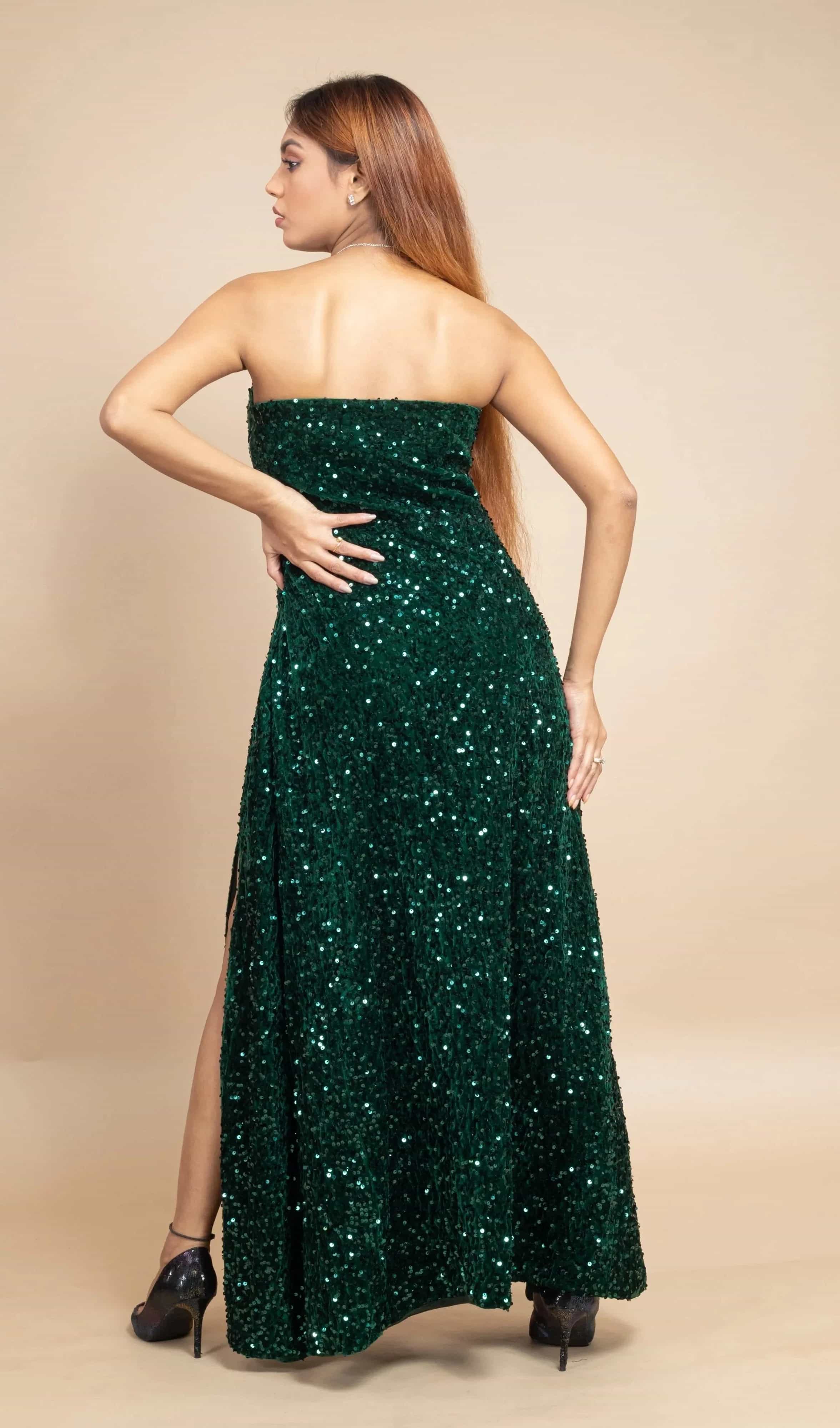Green velvet sequin off-shoulder fish-cut gown