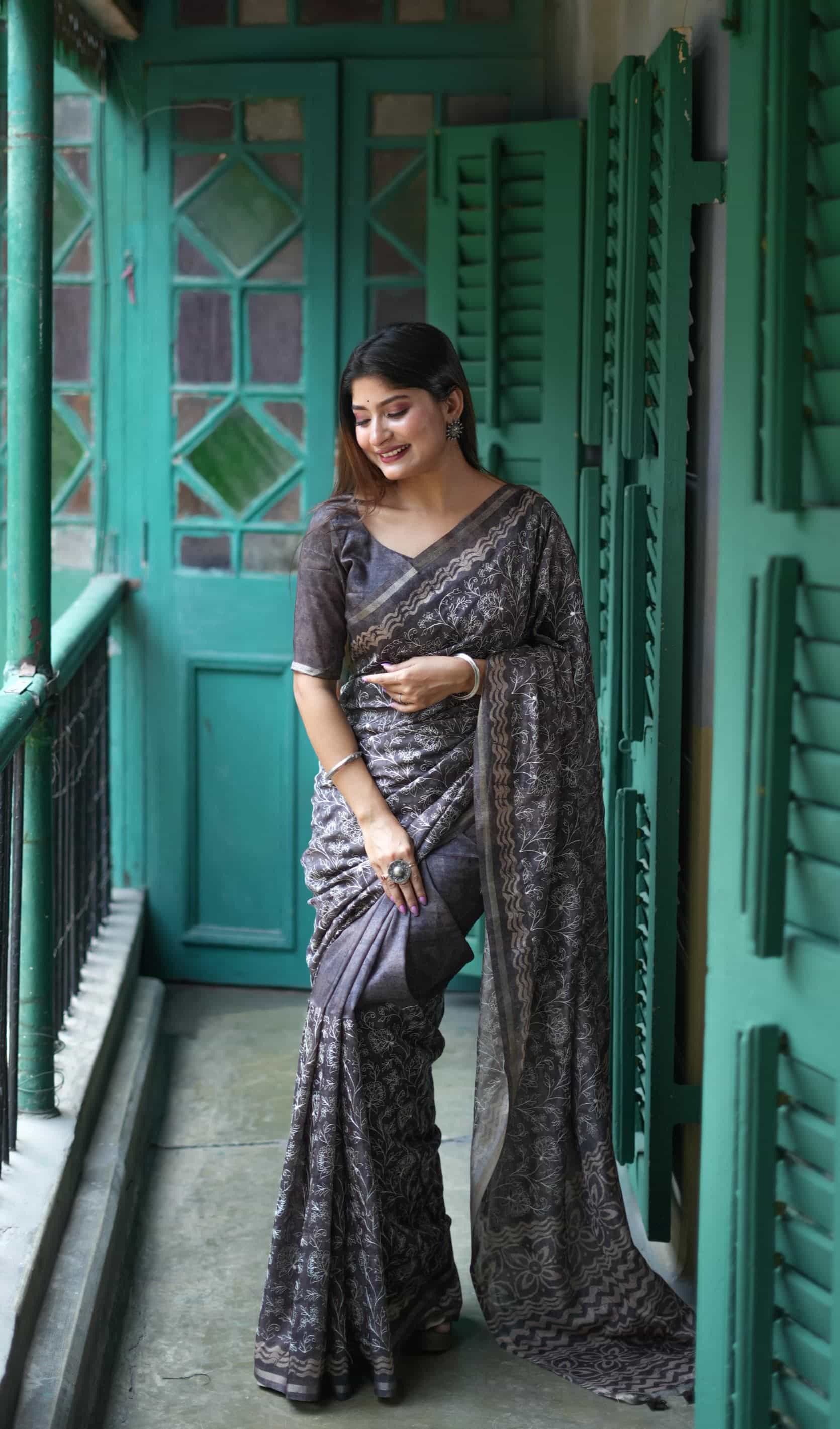 floral embroidered tussar saree with tassels