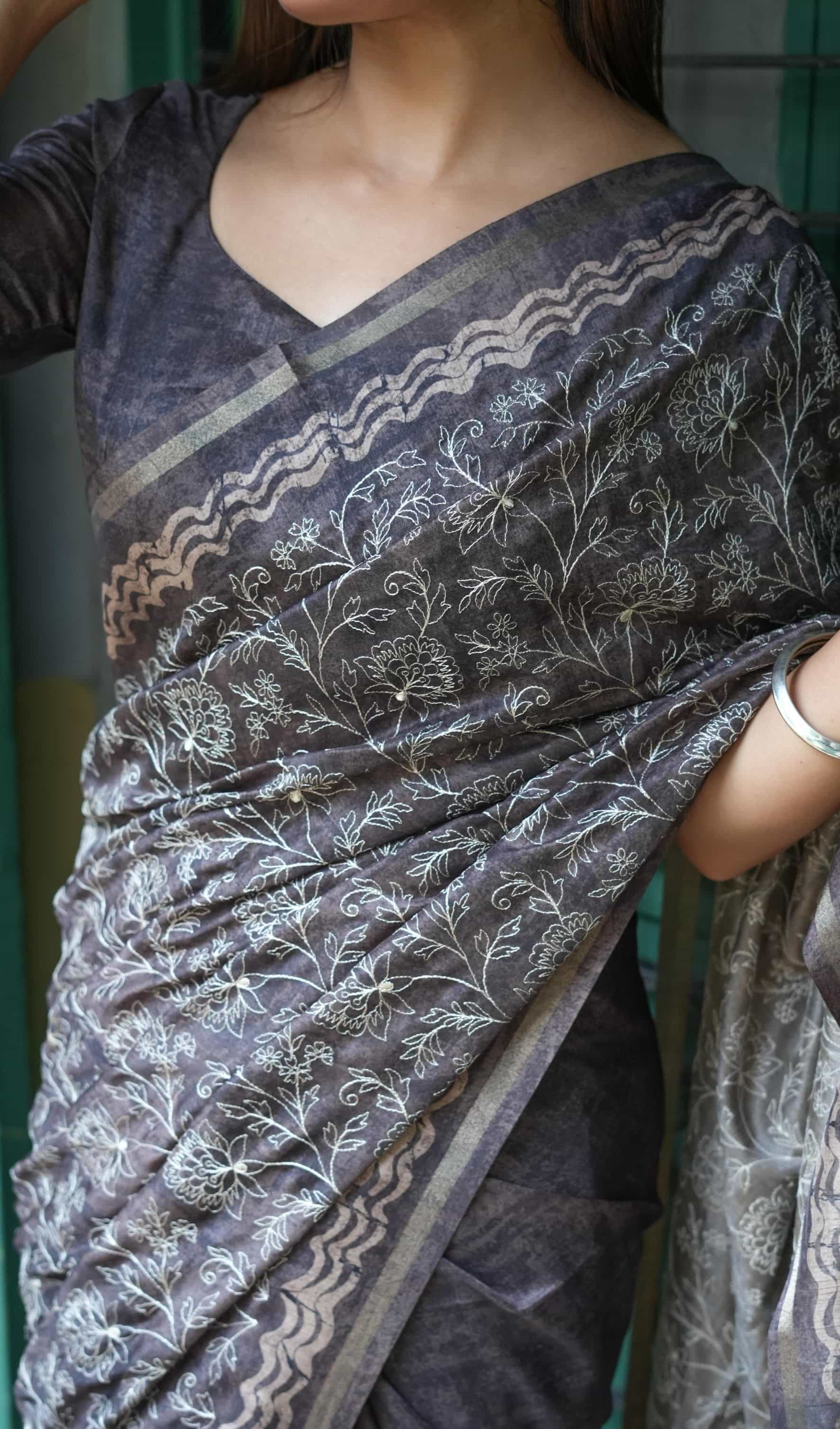 dark grey saree for weddings and formal events