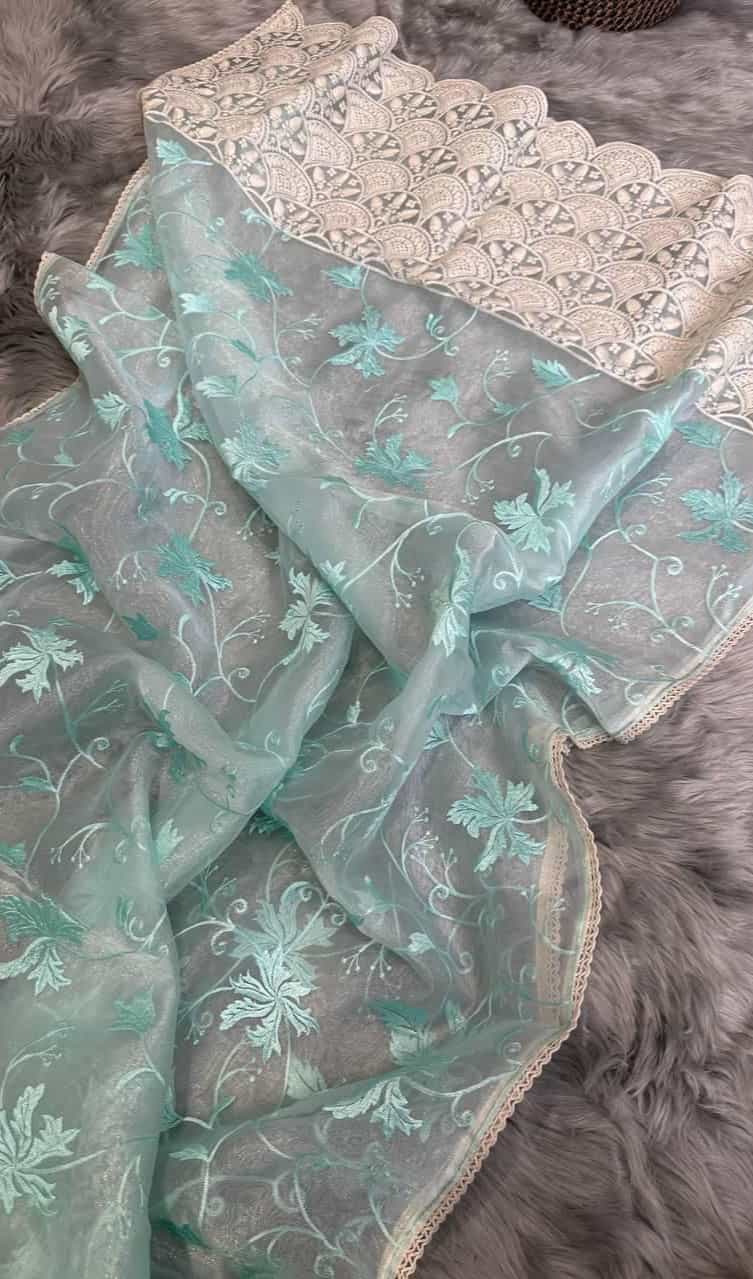 aqua blue organza saree with chikankari work