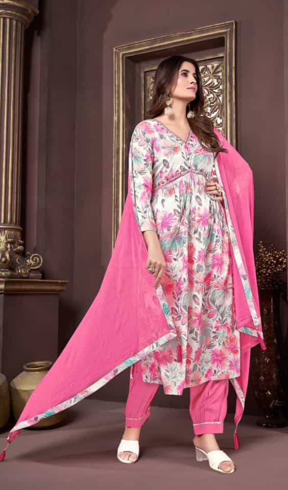 pink rayon kurti set with dupatta