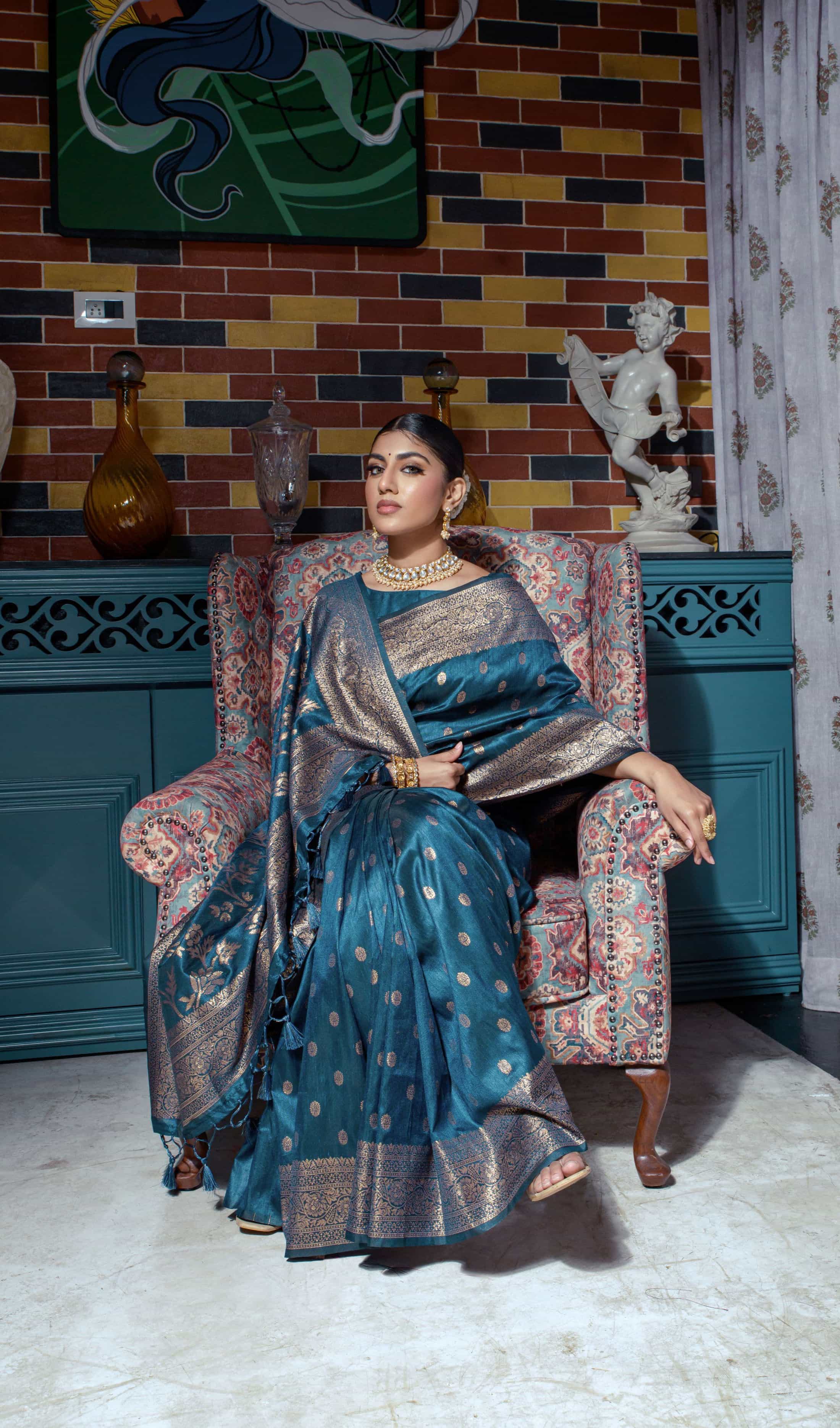 Sea Blue Banarasi Raw Silk Saree