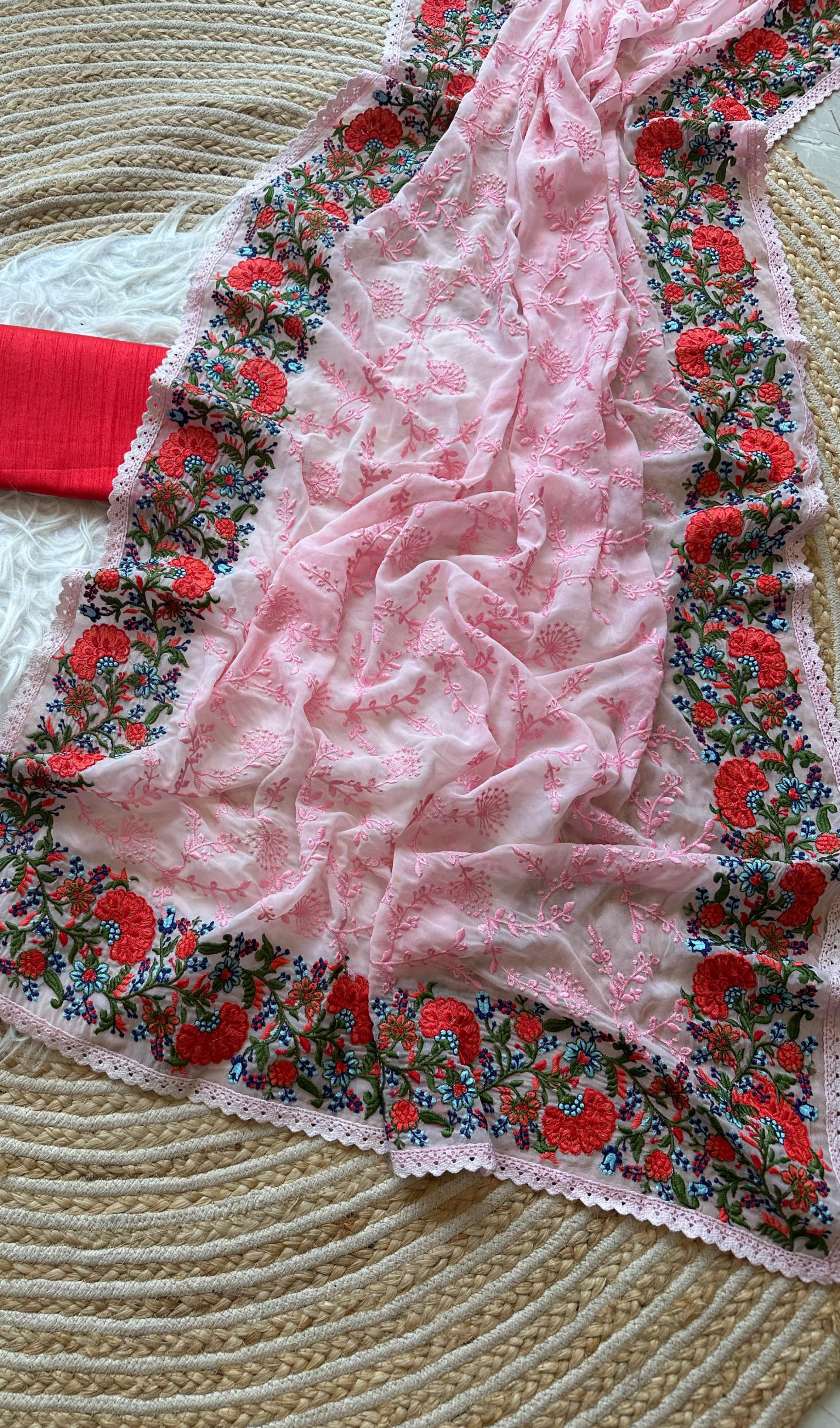 floral thread work saree