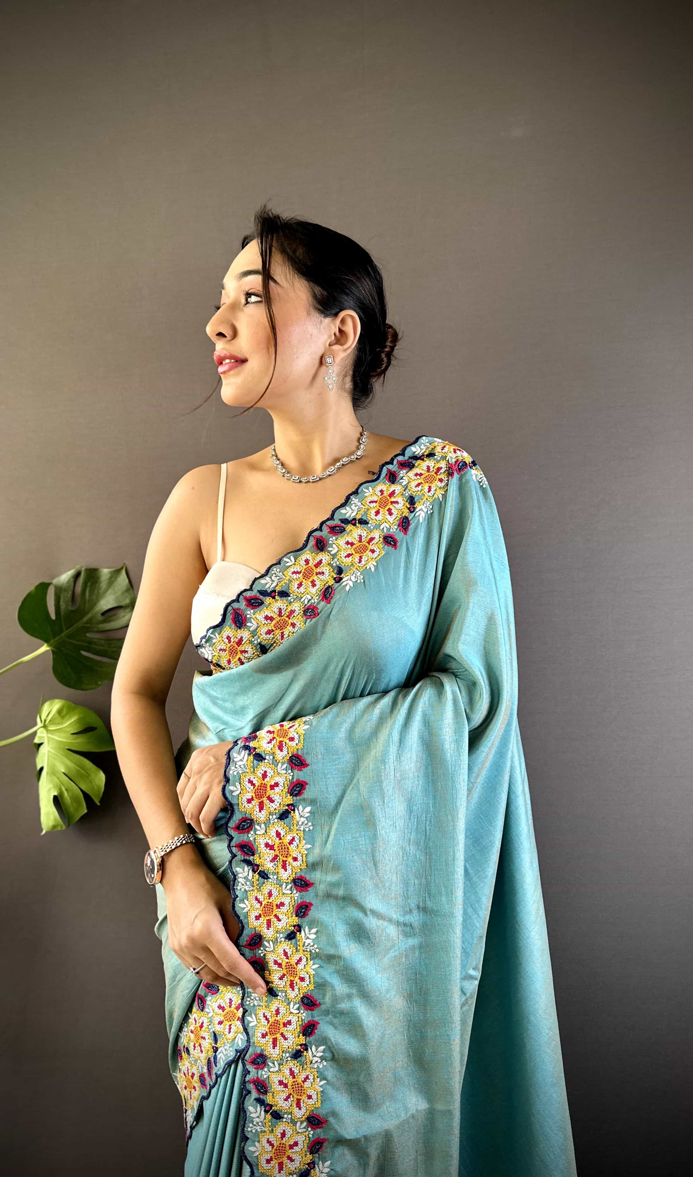 Blue pure silk saree with cutwork online