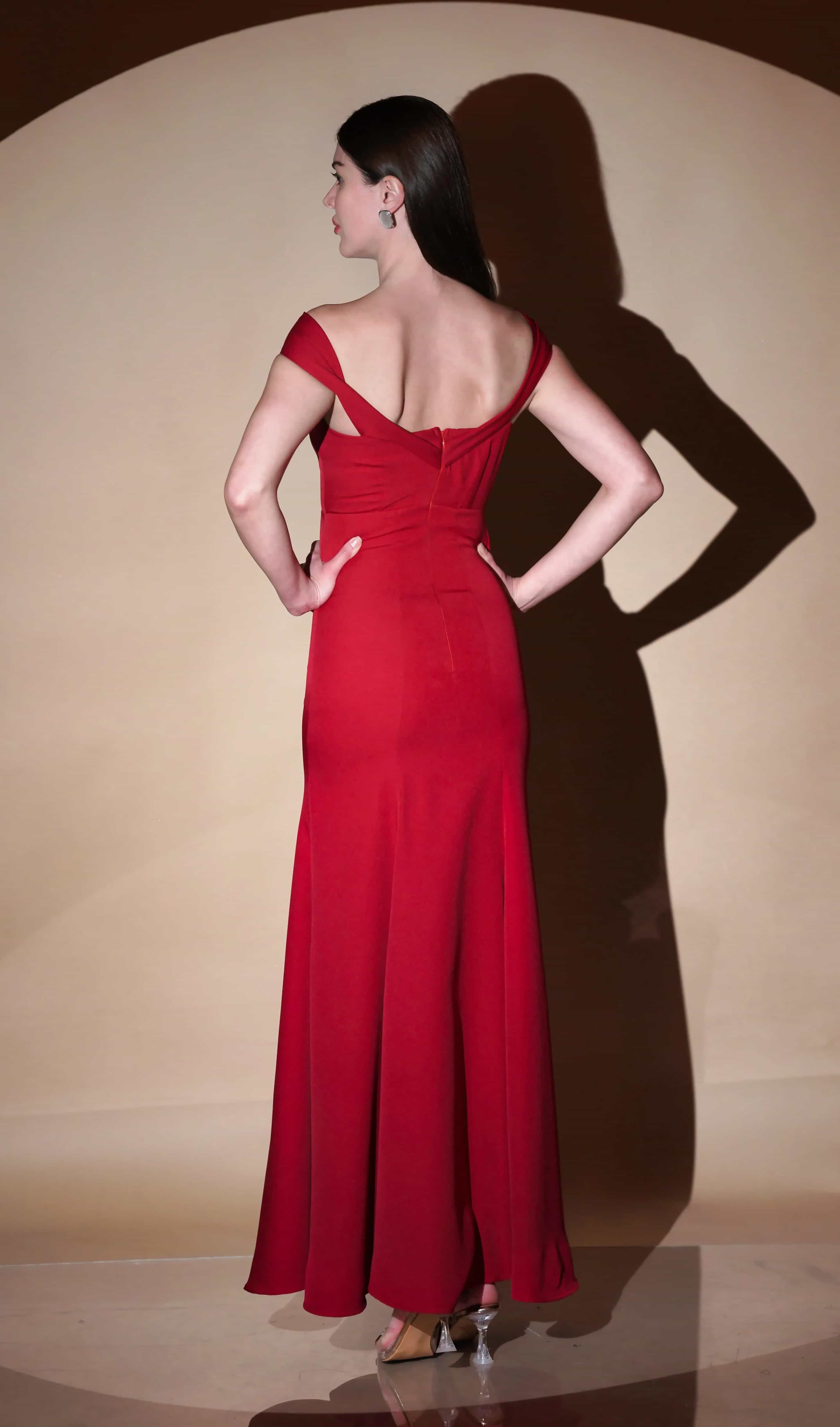Sleeveless red mermaid gown with off-shoulder neckline