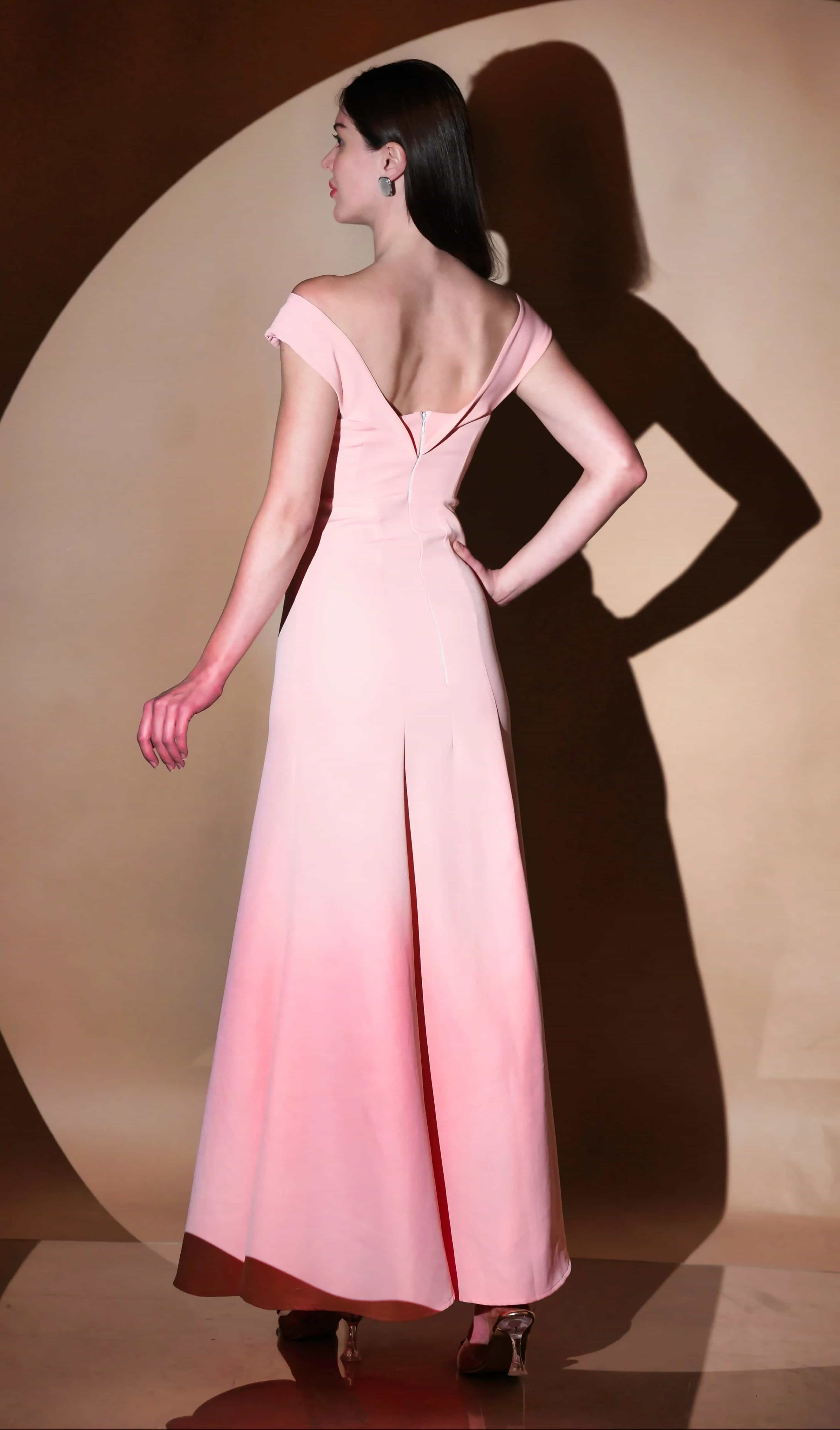  stylish off-shoulder gown in soft pink hue
