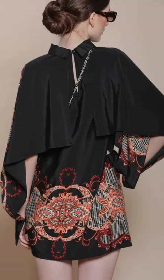  long-sleeve black satin short cape dress