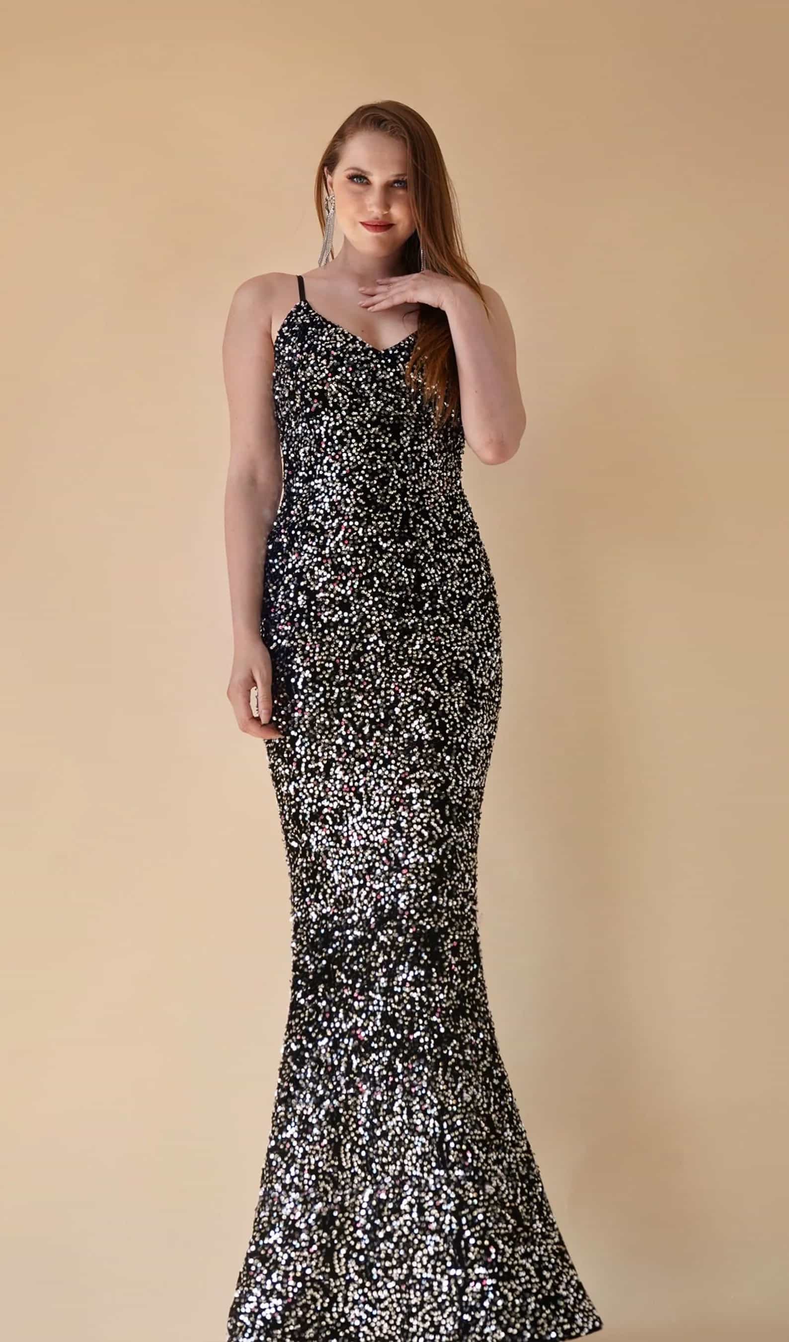 silver velvet sequin mermaid gown with V-neck