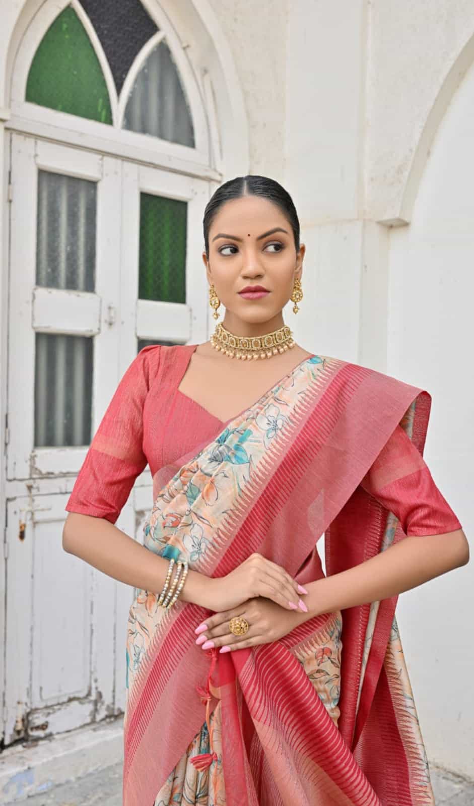 Beige Color Floral Print Saree