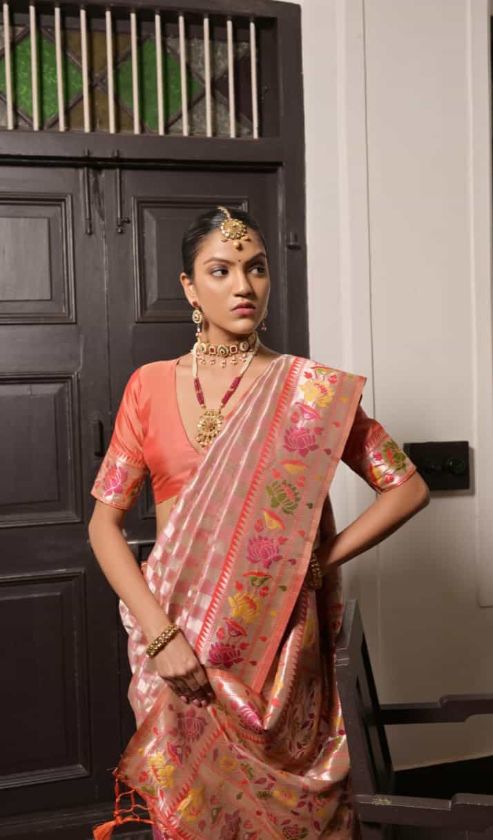 Coral Pink Paithani Silk Saree