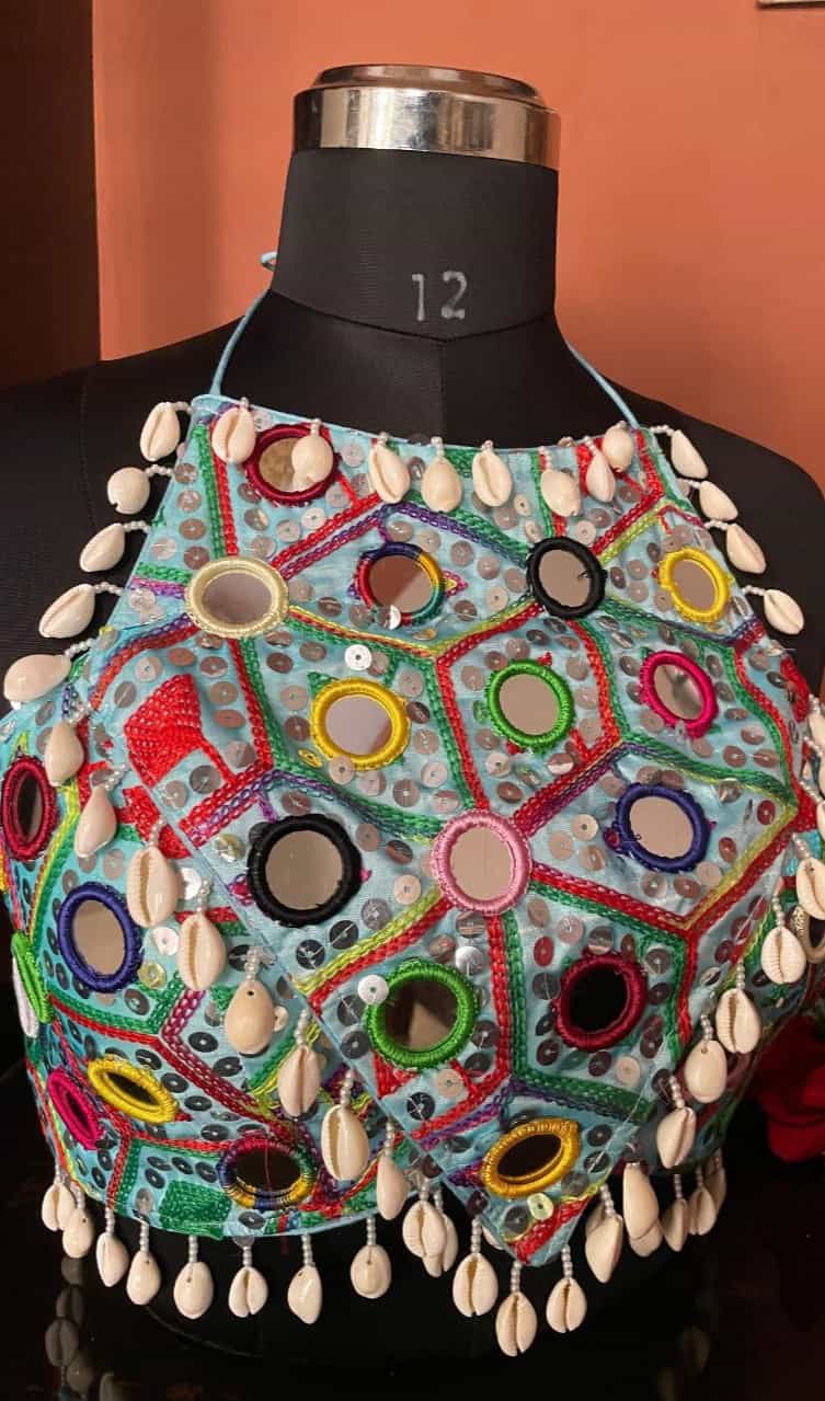 Designer sky blue blouse with tricot fusing and festive embroidery