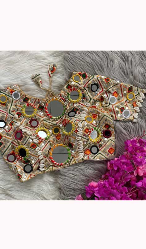 Soft Italian fabric beige blouse with beautiful kaudi embroidery and latkans