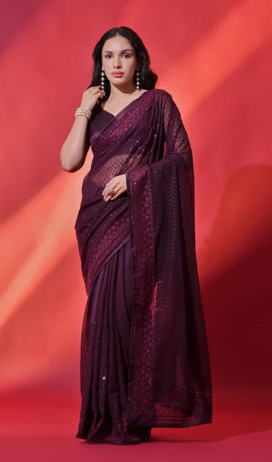 wine georgette sequined saree