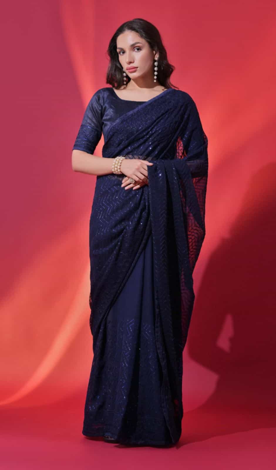 blue georgette sequined saree
