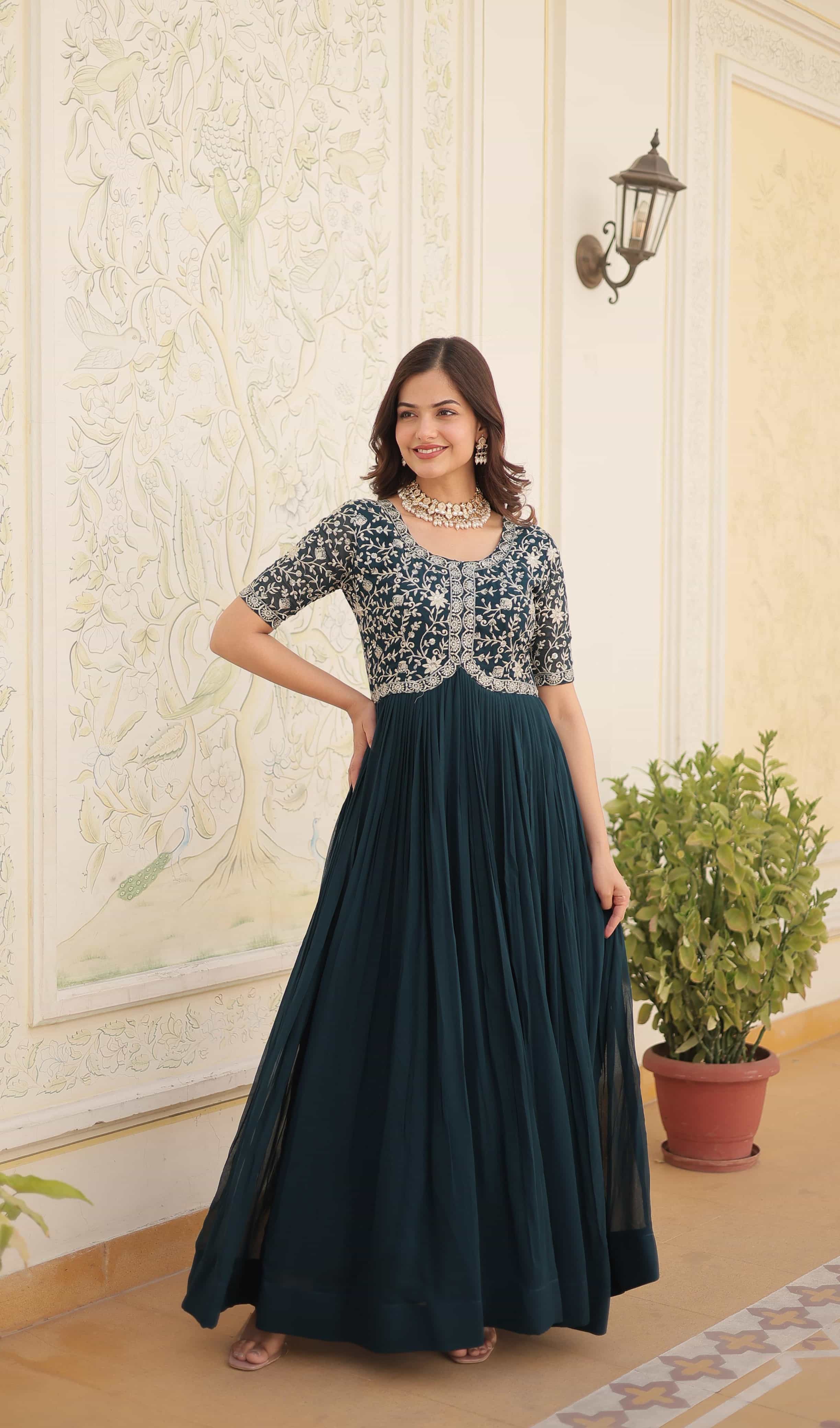 Round neck embroidered party gown