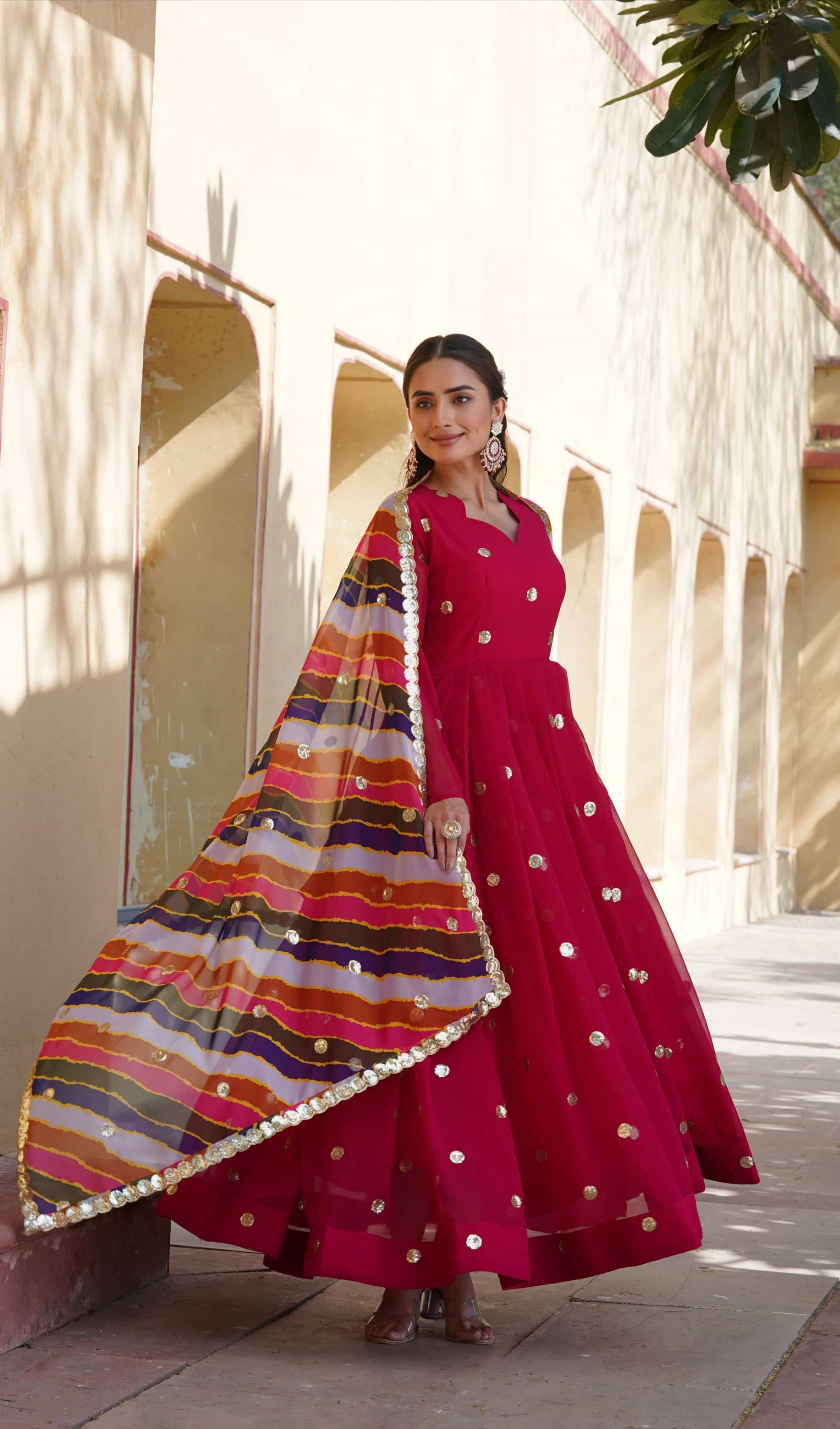 red gown with Russian silk digital print dupatta and cut-work embroidery
