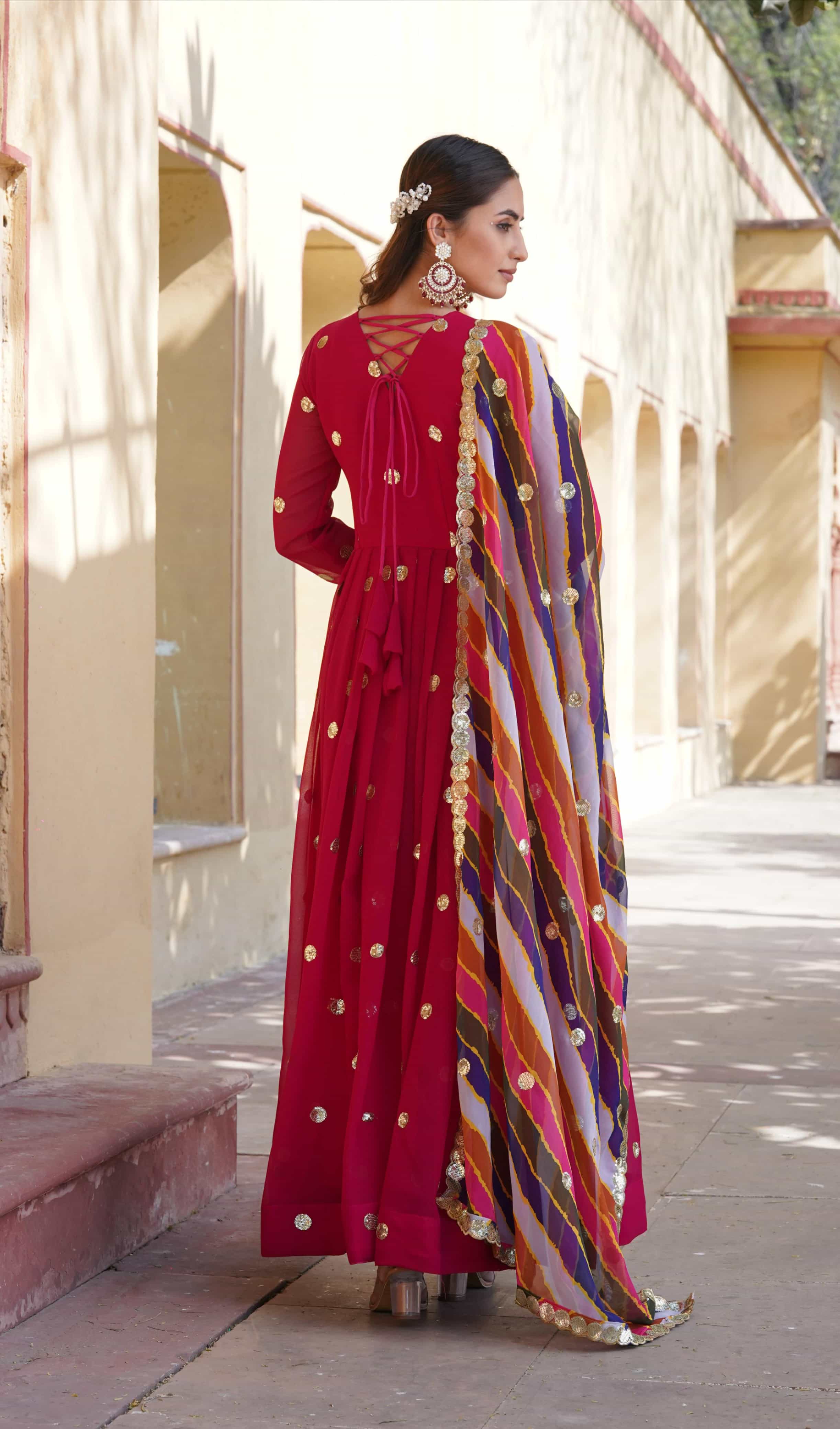 Red embroidered faux blooming gown