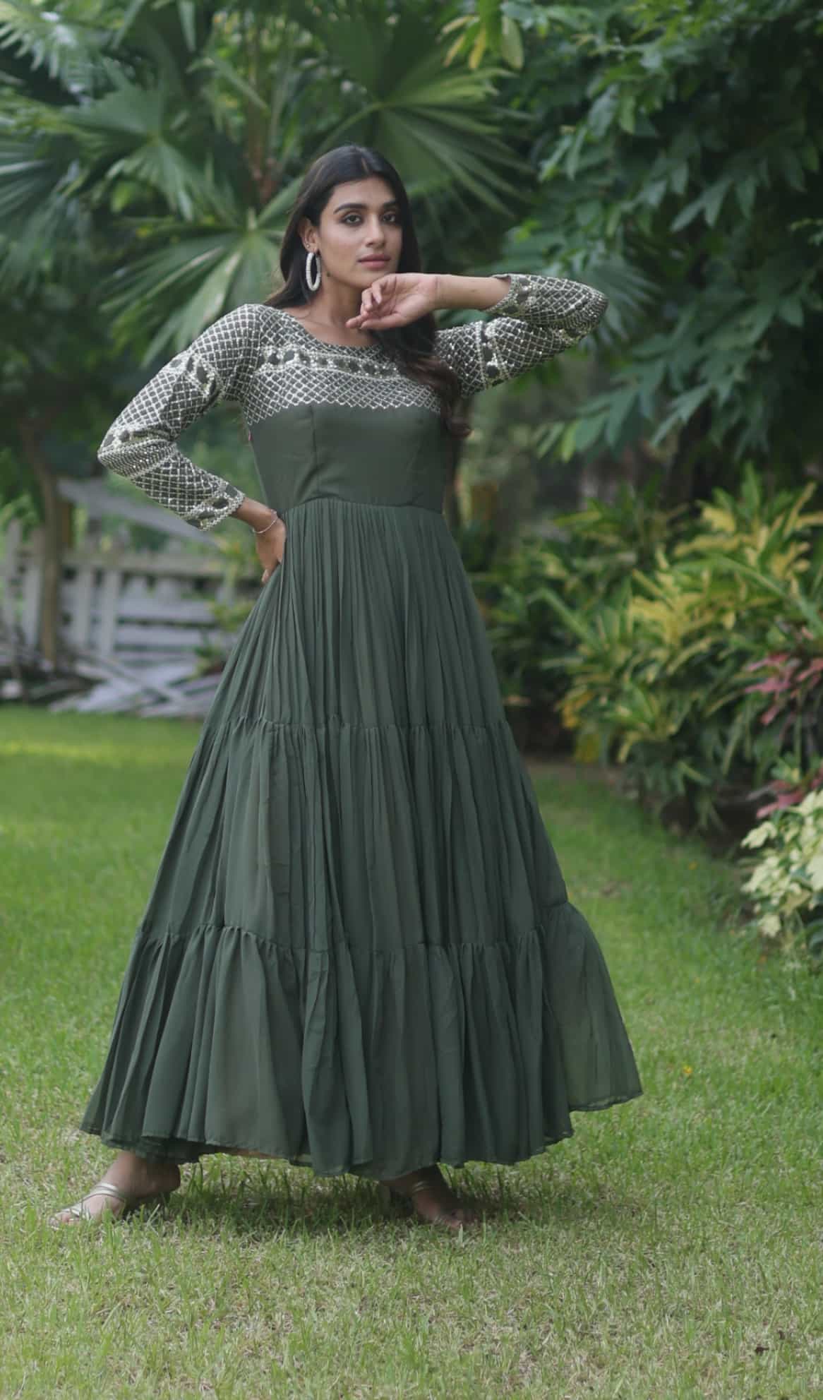 Fully stitched Mehendi green gown with soft cotton inner lining