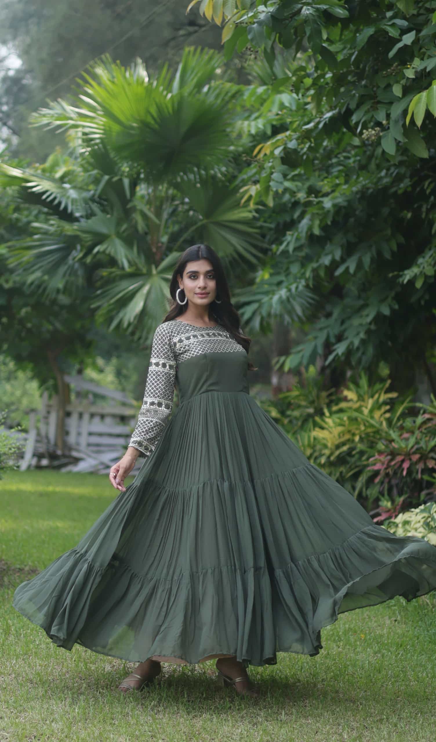 Mehendi green embroidered faux blooming gown