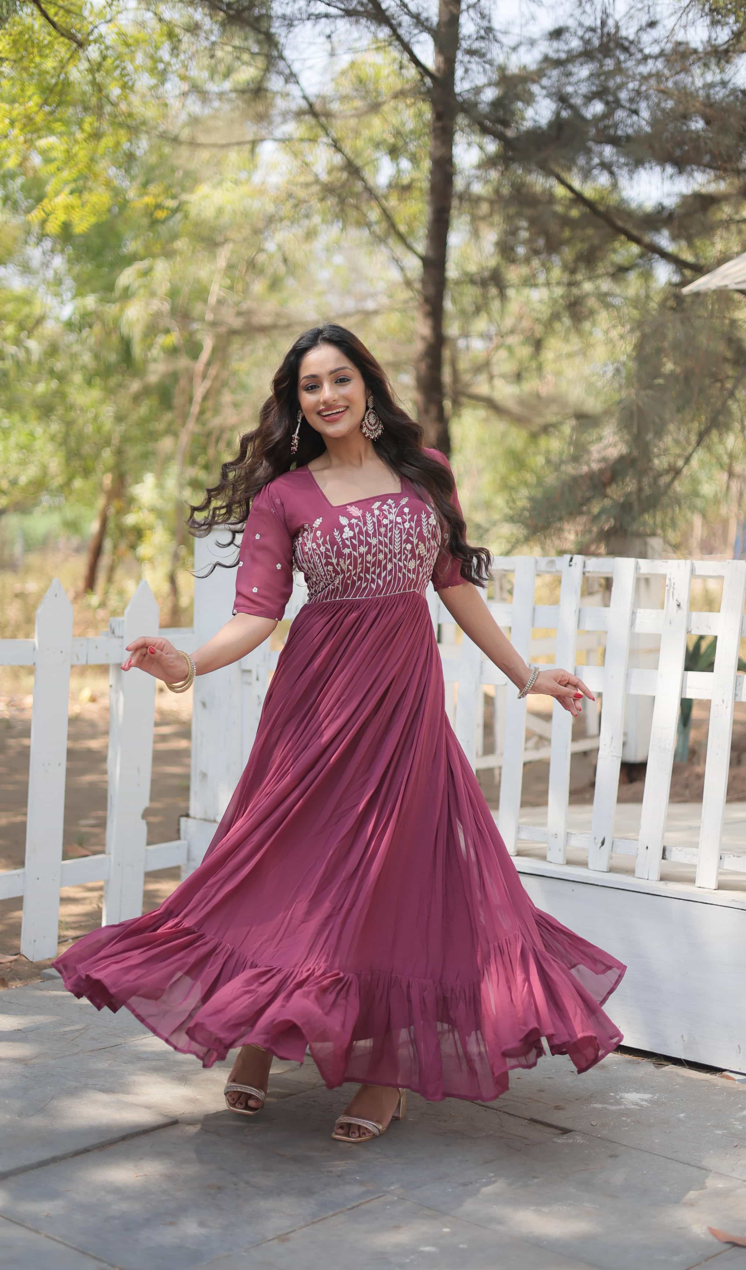 Rust pink embroidered georgette gown
