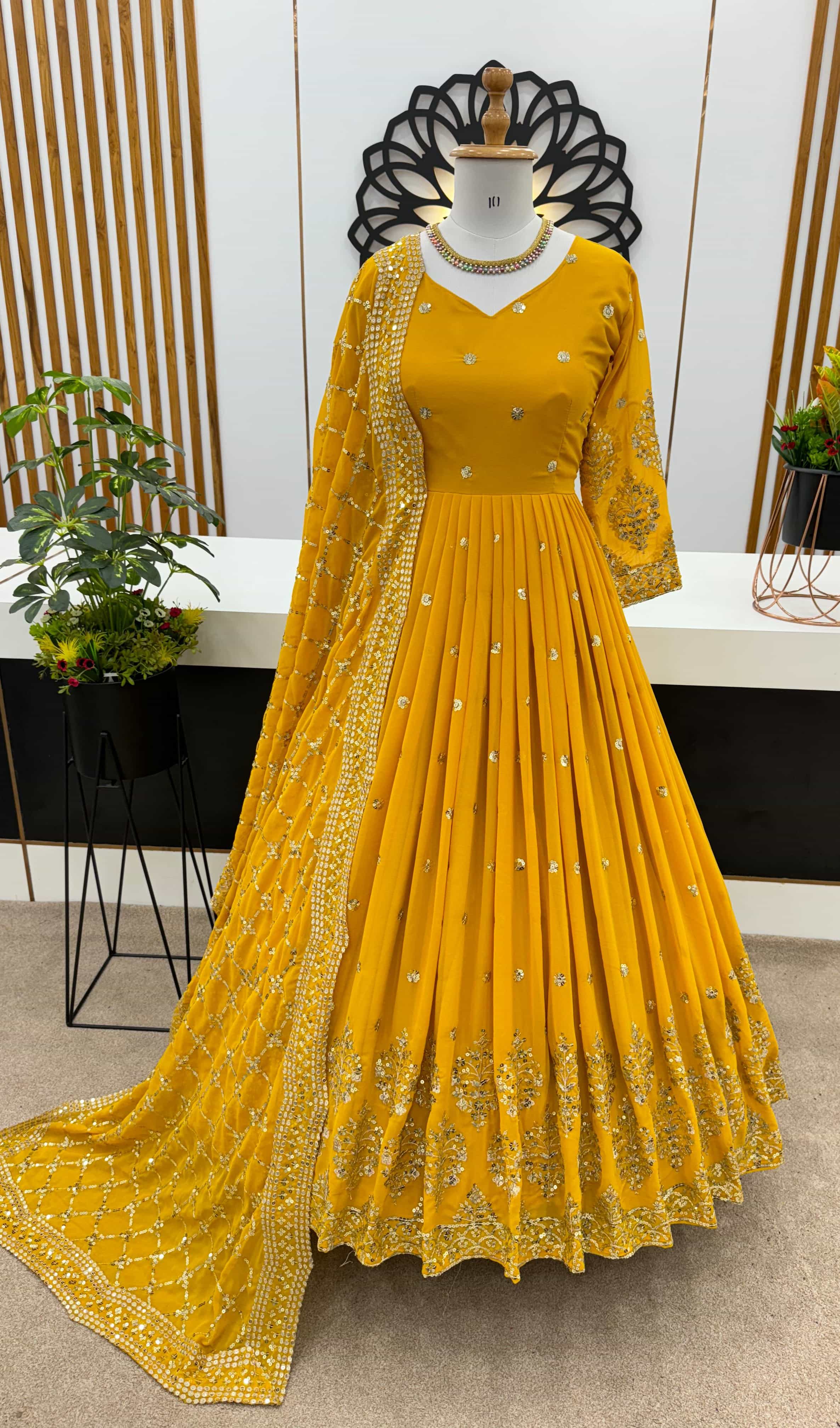 Yellow embroidered georgette gown
