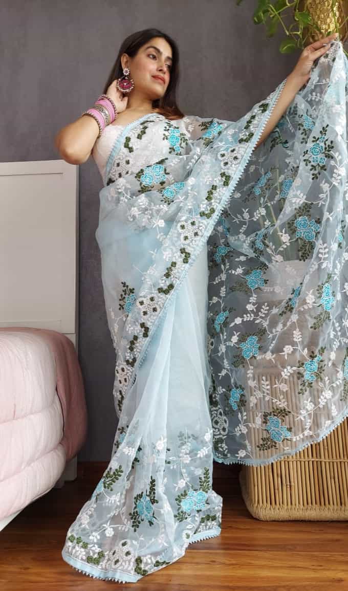 Multi-embroidered Aqua Blue Saree 