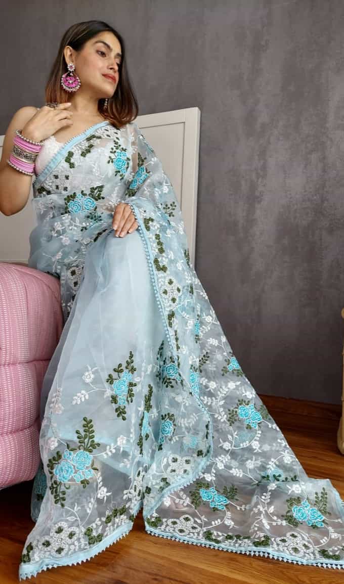 aqua  blue organza saree