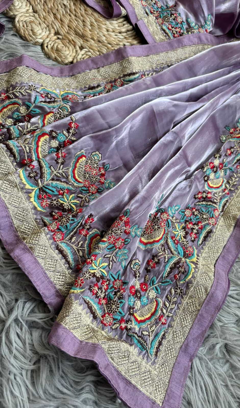 Lilac Jimmy Choo crackle saree with multicolor threadwork