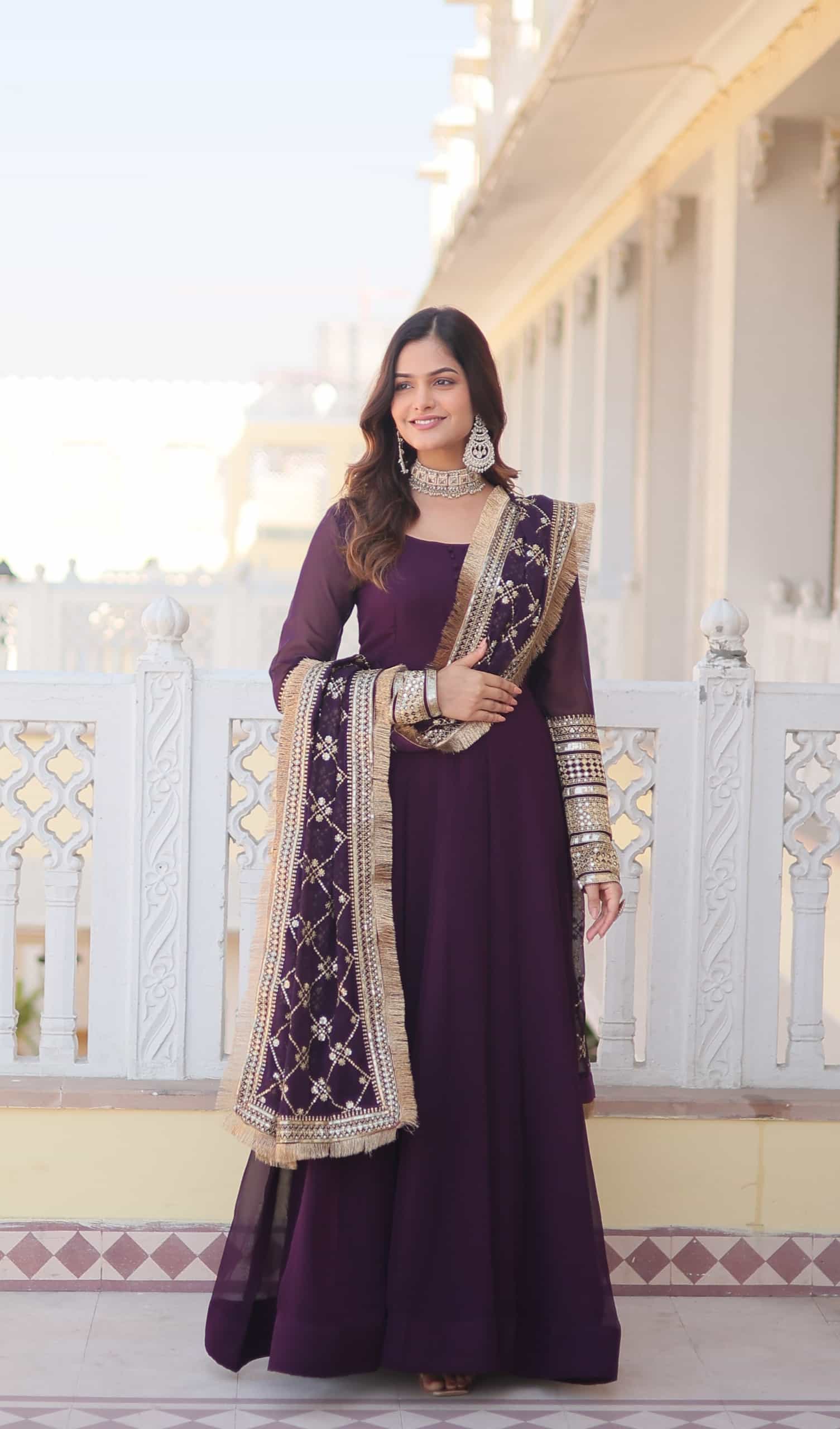 Wine faux blooming embroidered gown