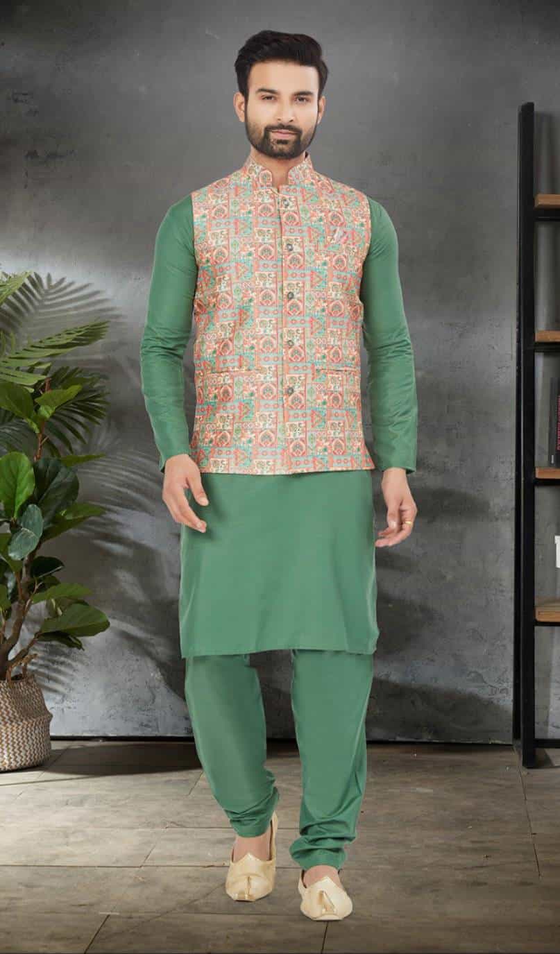 green kurta pajama with jacket