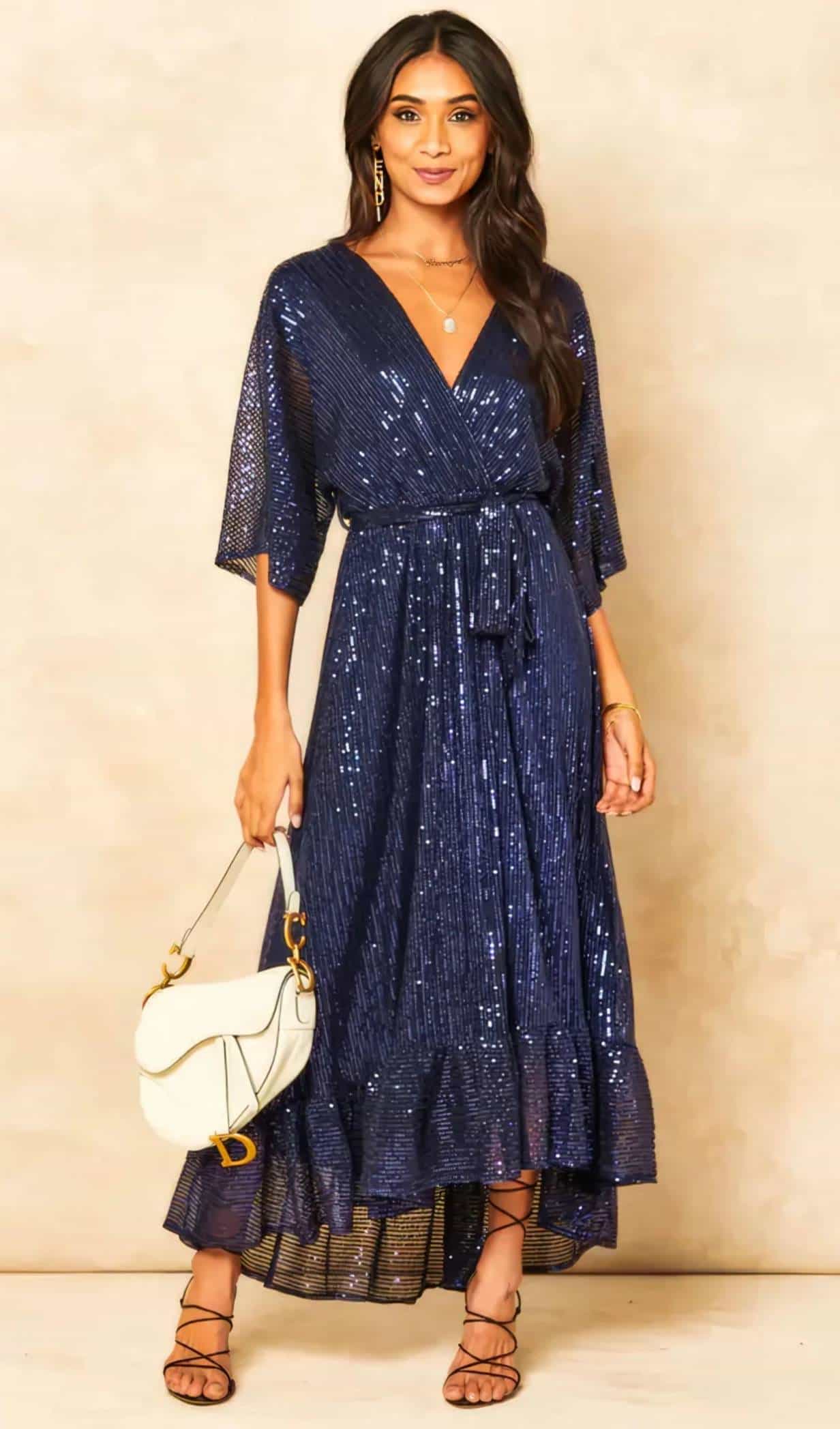 velvet sequin maxi dress with V-neck partywear dress