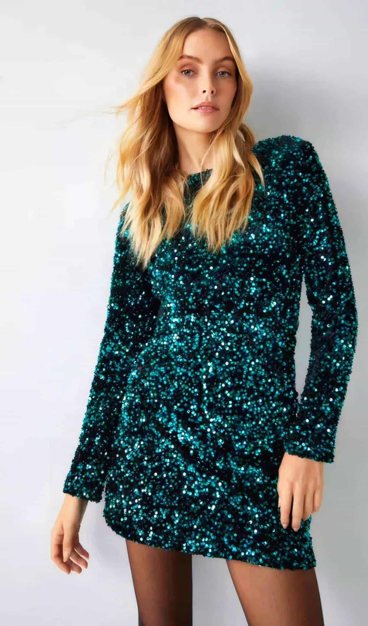 green velvet sequin short dress with round neckline