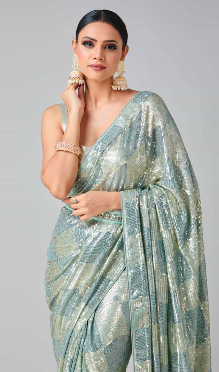 firozi Georgette Saree with Sequins Work