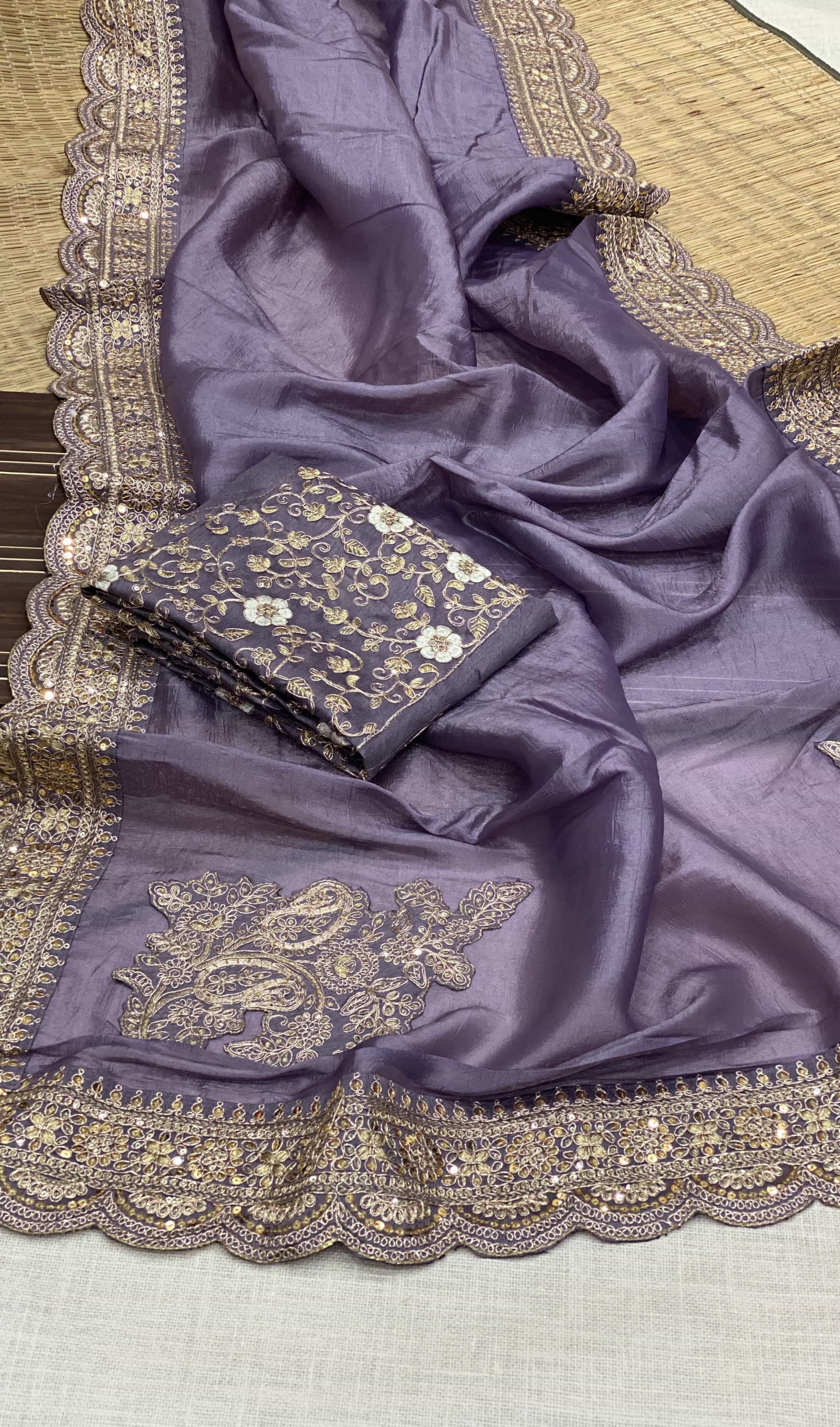 Lavender Color Saree with Embroidery Work 